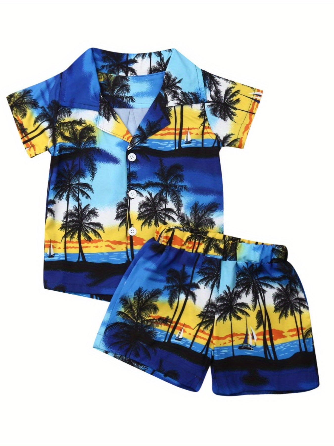 Toddler Baby Boys 2pcs SummerOutfits Tree Print Button Shirt Short Sleeve Tops + Elastic Waist Short Pants Set Vocation Holiday Beach Clothes, for Outdoor