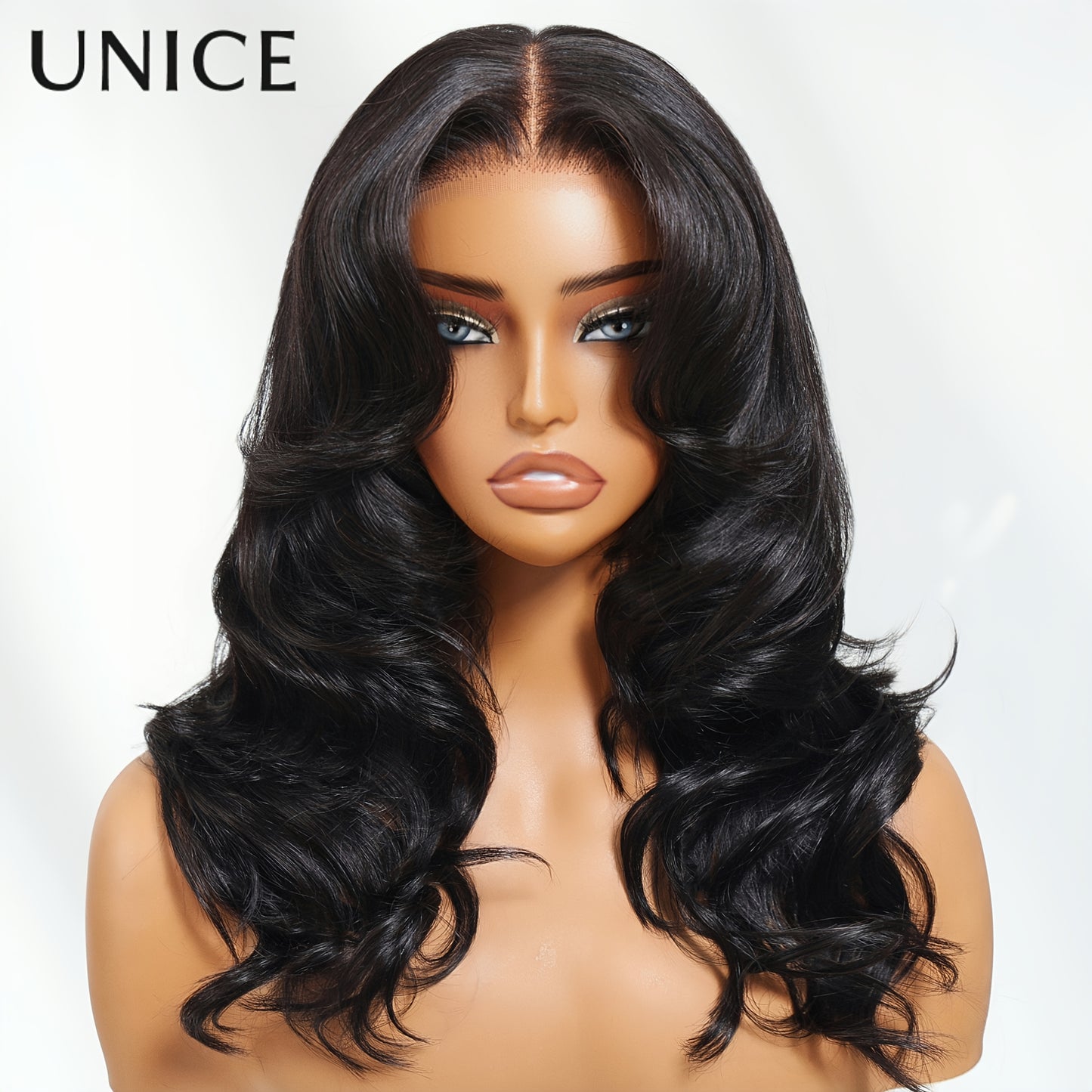 Unice 13x4 HD Lace Front Human Hair Wig Glueless Pre-Plucked Natural Black 200% Density Body Wave (13x4 Lace) - Wig for & Men, Soft Full Hairpiece with Feathered Layers, No Glue Needed, Comfortable Wear