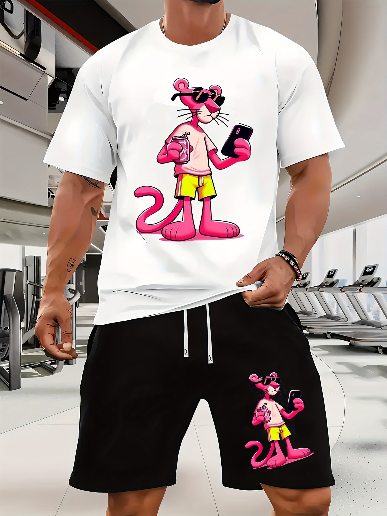 Men'S Short-Sleeved T-Shirt And Waist-Tightening Shorts Set with Trendy Pink Leopard Image Print, Casual Sports Regular Top And Pants Suit, Suitable for Spring And Summer Matching
