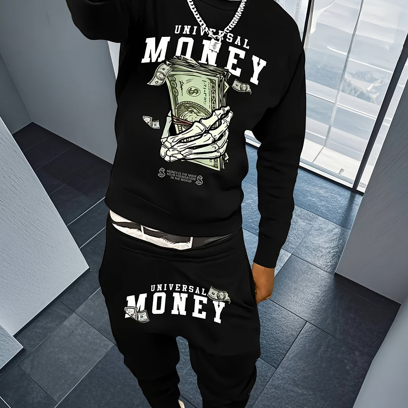 2pcs Set Men'S Hip-Hop Money Motif Tracksuit Set - Oversized Black Sweatshirt with "Universal Money" Skull & Cash Graphic + Matching Joggers, Lightweight Polyester Streetwear Outfit for Gym, Halloween, Christmas & Casual Wear