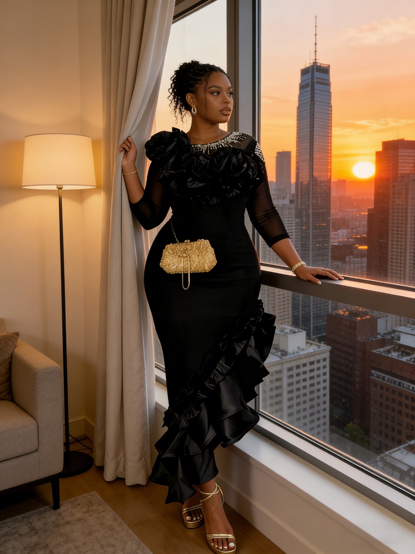 Women's Elegant Black Ruffled Bodycon Dress with Mesh Patchwork & 3/4 Sleeve - Long Formal Party Wedding Gown, Slim-Fit Maxi Dress for all-Season Wear, No Padding Required, Machine Washable