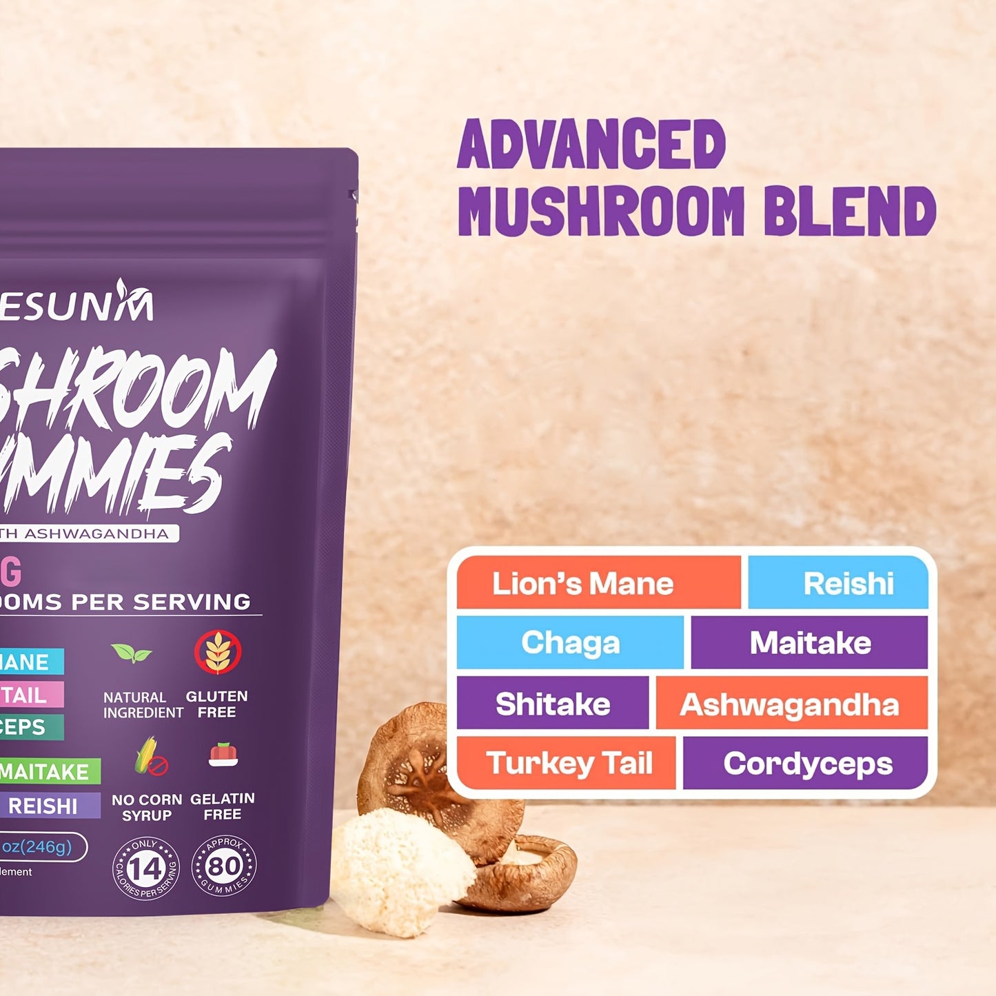 1/2/3/4 Bags of Lion's Mane Mushroom Gummies, Ashwagandha Gummies - Contains Ganoderma, Cordyceps, Turkey Tail, Dancer's Mushroom, Shiitake and Bupleurum, Low Carb, 80 Gummies per Bag, ESUNM