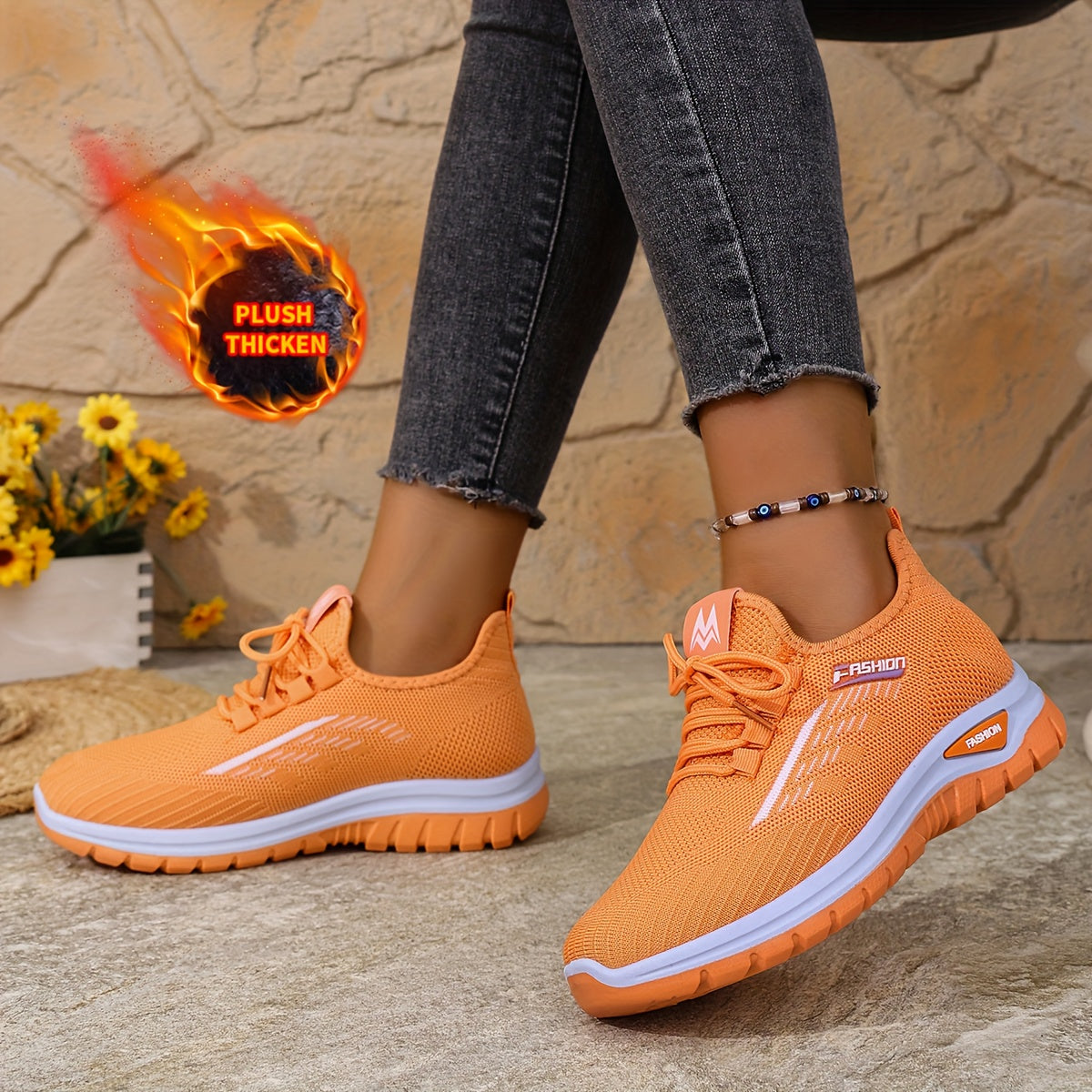 [Autumn And Winter ]Orange Fleece-Lined Warm Shoes, Thickened Cushioning Shoes Exclusive for Winter, Orange And Purple Spliced Lace-Up Trendy Warm Sports Shoes, White Casual Shoes, Shoes For Women/elegant Shoes For Women, Sea