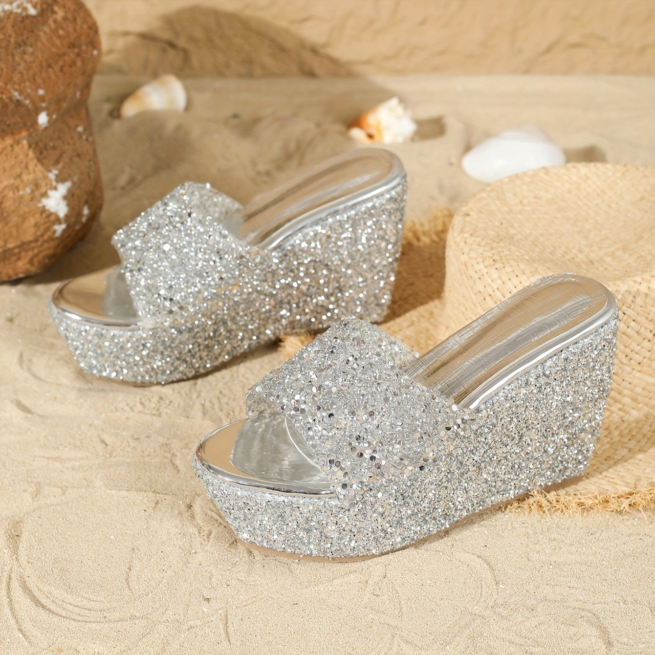 A Pair Of Women's Platform Sandals With Thick High Heels, Waterproof Soles, One-step Slip-on Design, Shiny Rhinestones And Wedge Heels.
