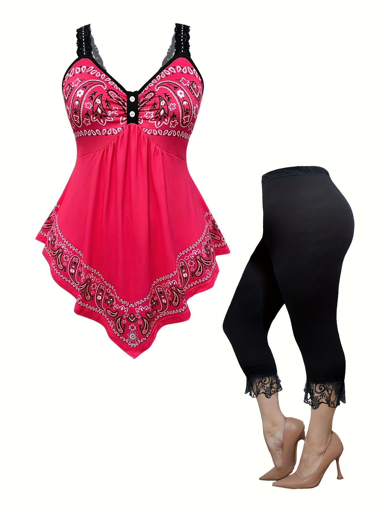 Plus Size Vacation Style Leggings Set, Paisley Print Asymmetrical Hem Lace Tank Top & Lace Stitching Capris Leggings, Women's Plus Size
