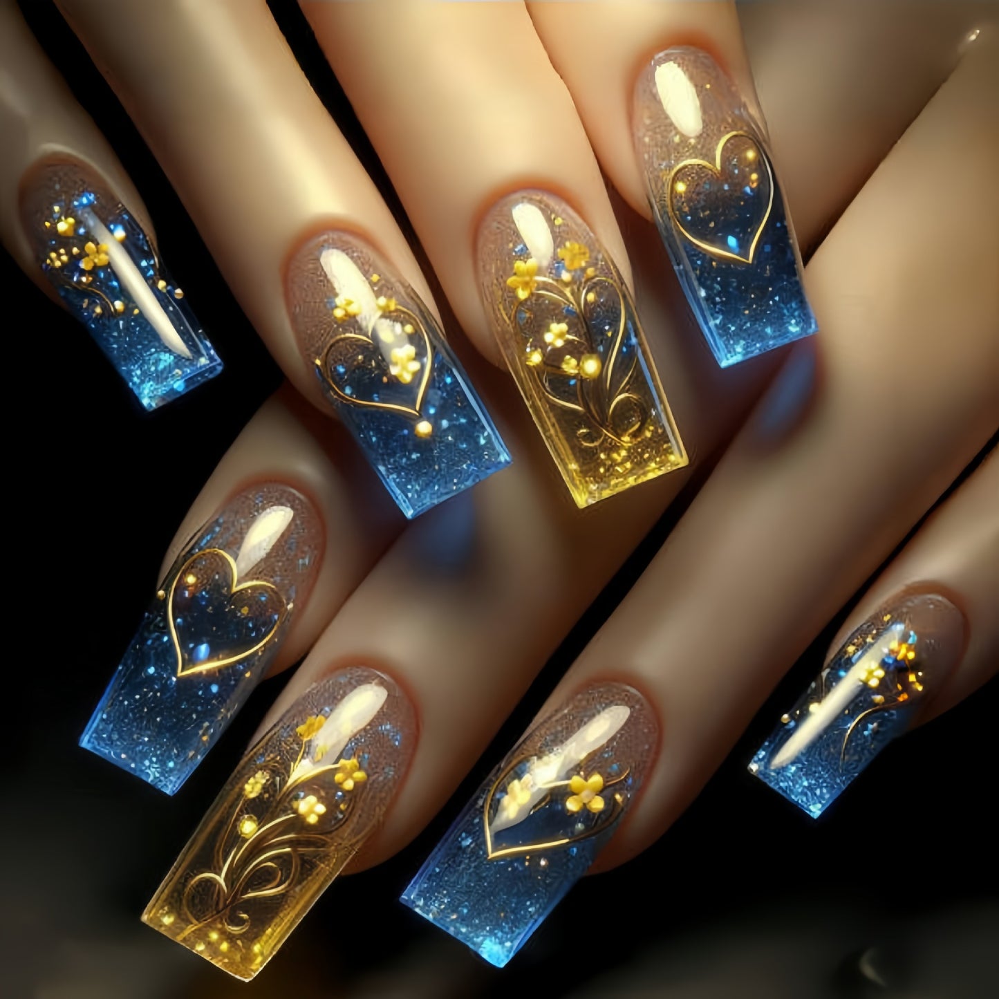 96pcs 4pcs Valentine's Day Luminous Nail Set - Elegant Square, Long Gradient in Blue and Yellow, with Heart and Flower Designs, High Gloss Finish - Romantic Removable Nail Art, Create a Magical Look, Valentine's Day Nail Art