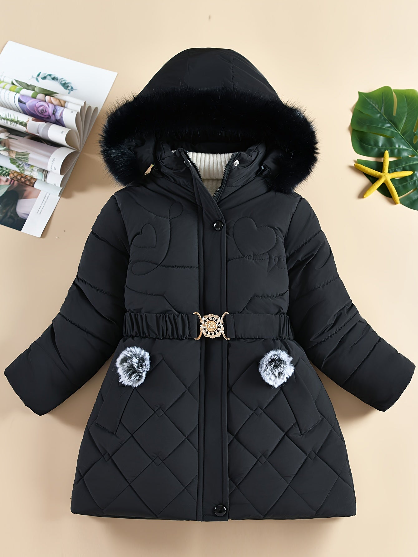 Stylish Girls' Winter Coat with Faux Fur Hood, Heart-Shaped Diamond Pattern, Warm Mid-Length Parka with Belt - Beige, Polyester, Fall/Winter Outerwear for Girls, Girls Winter Clothes
