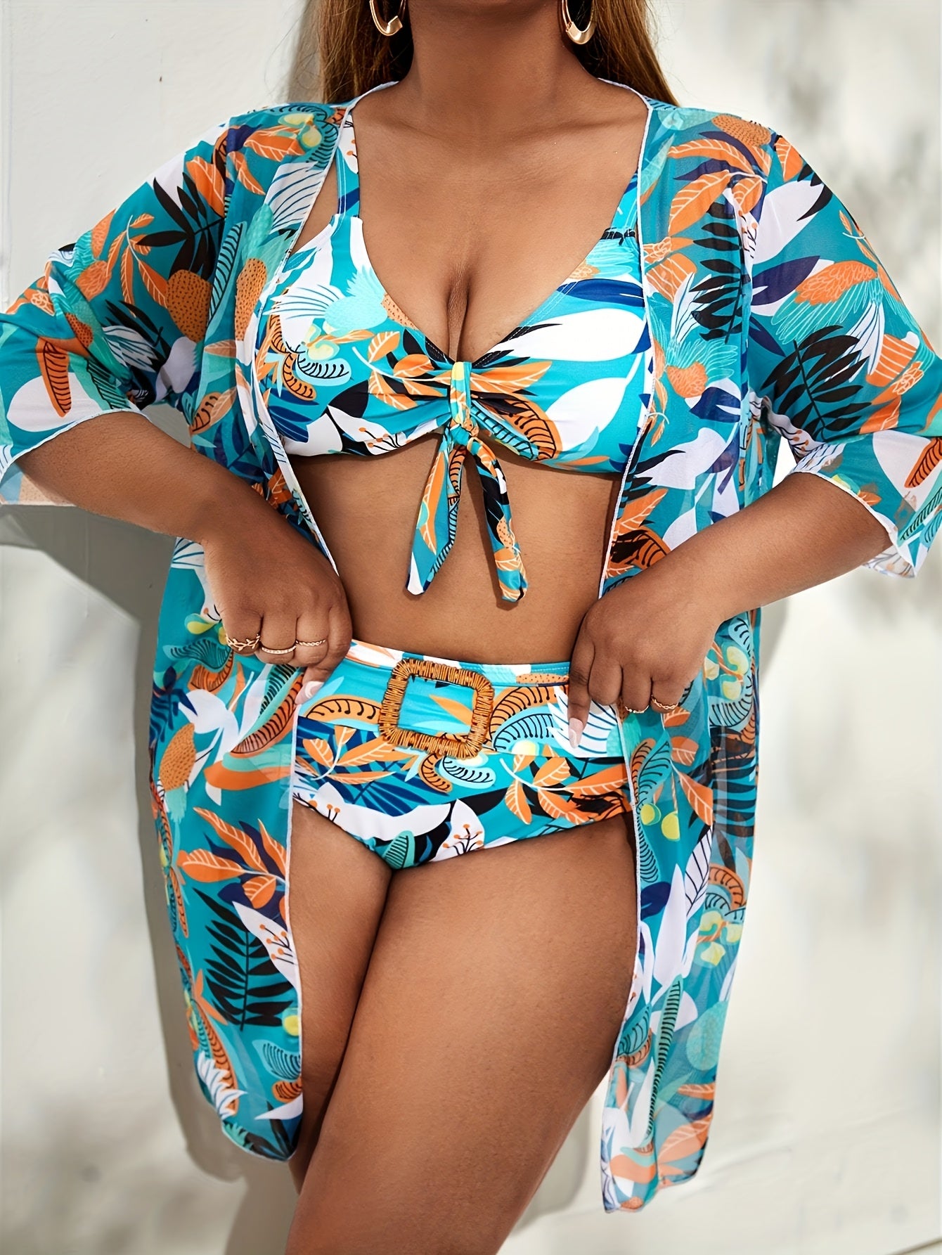 Large-size Tropical Plant Print Three-piece Swimsuit for Women | Padded Bikini Top with Cover-up Shirt, Concealing Body and, Perfect for Vacation, Elegant Style with Bow Details