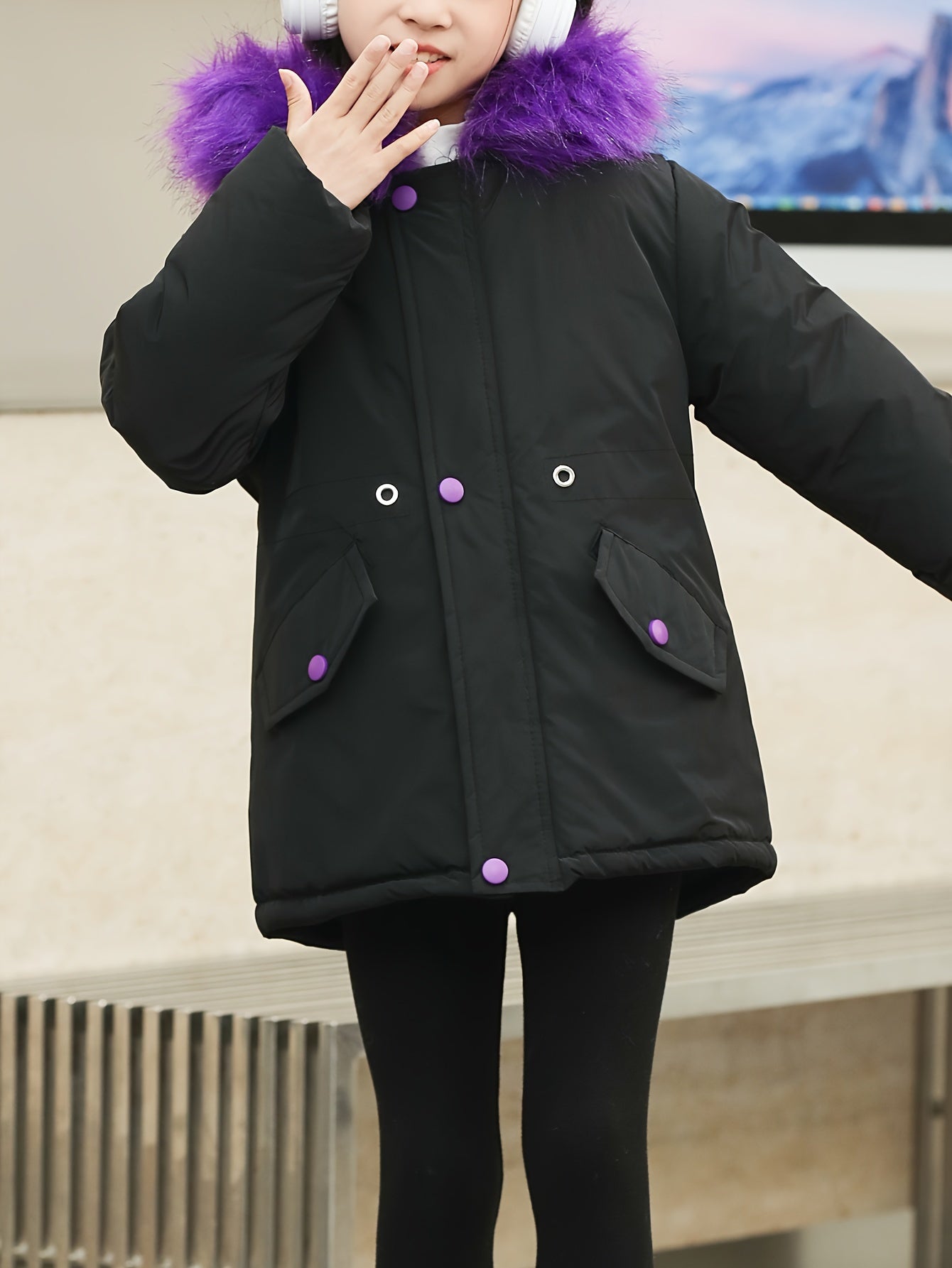 Girl's Chic Furry Collar Long Sleeve Parka Jacket, Comfy Plush Lined Warm Long Sleeve Outerwear