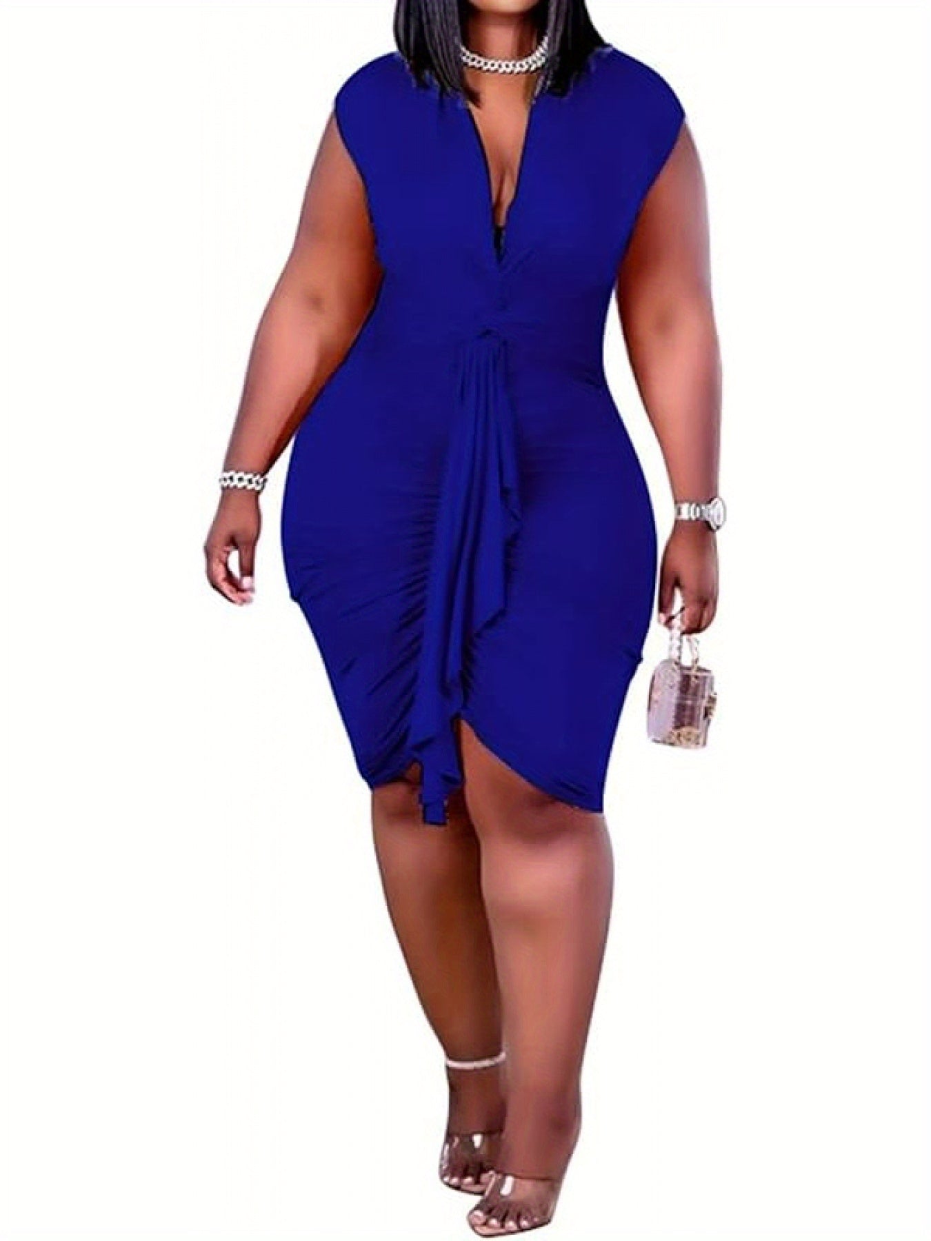 Plus Size Women's Bodycon Mini Dress - Sleeveless V-Neck Ruched Waist with Adjustable Drawstring, Stretchy Polyester-Spandex Blend, Sexy Elegant Clubwear for Parties & Night Out, White/Pink/Black Colors, Special Occasion Wear