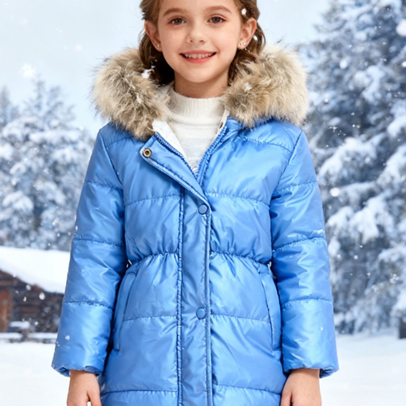 Girls' Multicolor Thickened Hooded Jacket | Mid-Length, Autumn & Winter Warm Windproof Outerwear, Suitable for Outdoor Camping and Daily Casual Style, with Pockets and Lining.