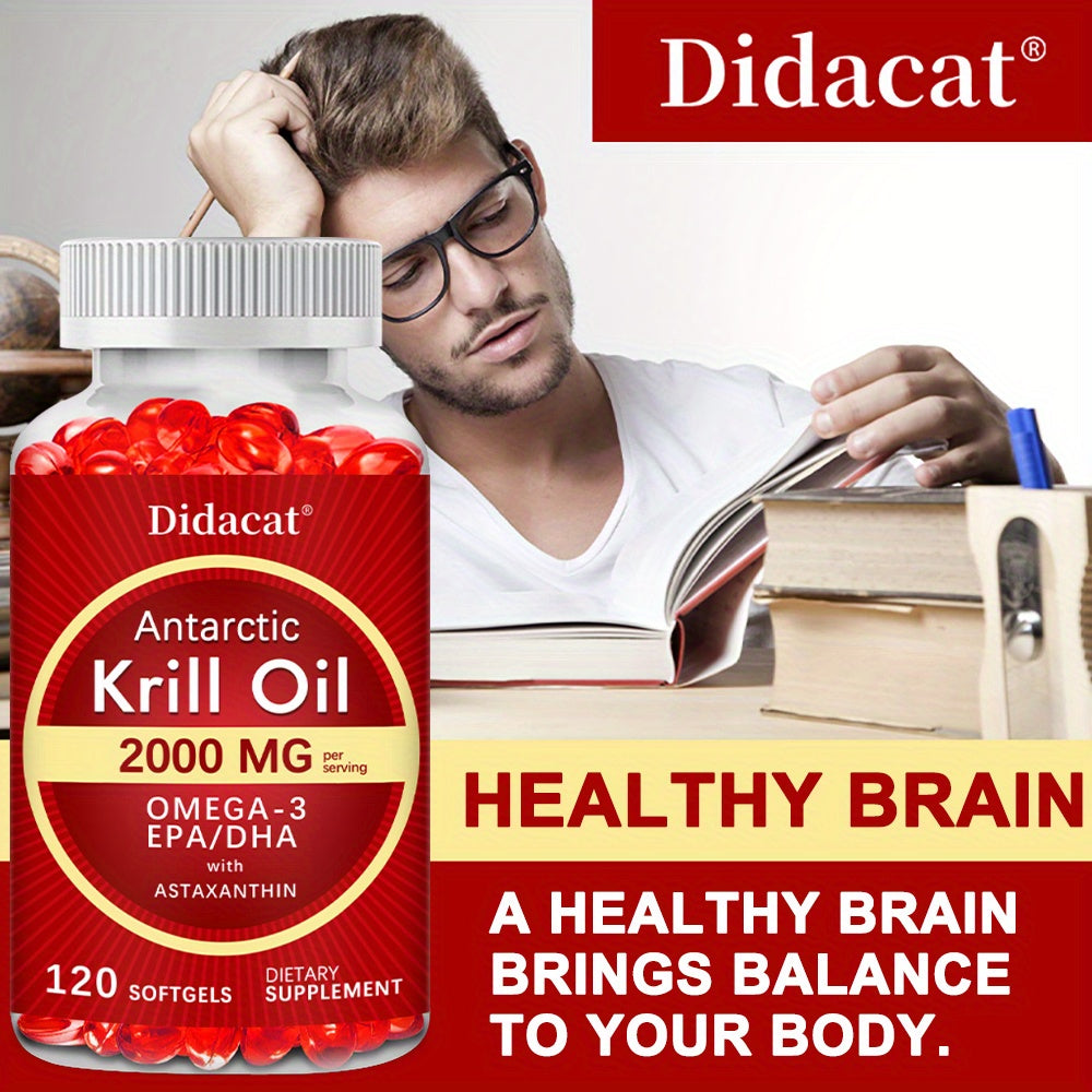 Antarctic Krill Oil, 2000mg/ Serving - Omega-3, EPA & DHA - Joint & Brain Support, 120 Softgels
