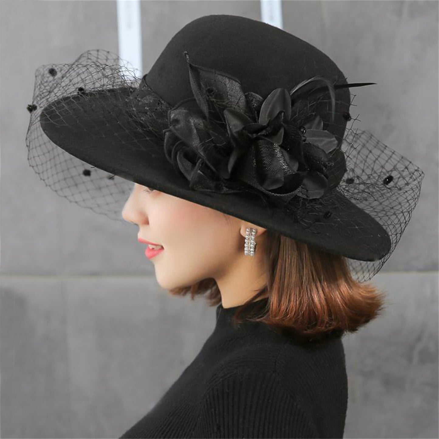 Women's Wide Brim Fedora Hat with Black Lace Veil & Floral Decor - Non- Derby Cap for Church, Bridal Tea Party, Formal Events