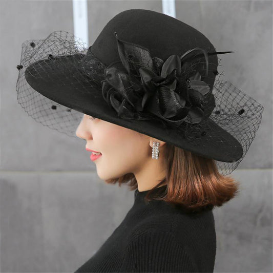 Women's Wide Brim Fedora Hat with Black Lace Veil & Floral Decor - Non- Derby Cap for Church, Bridal Tea Party, Formal Events