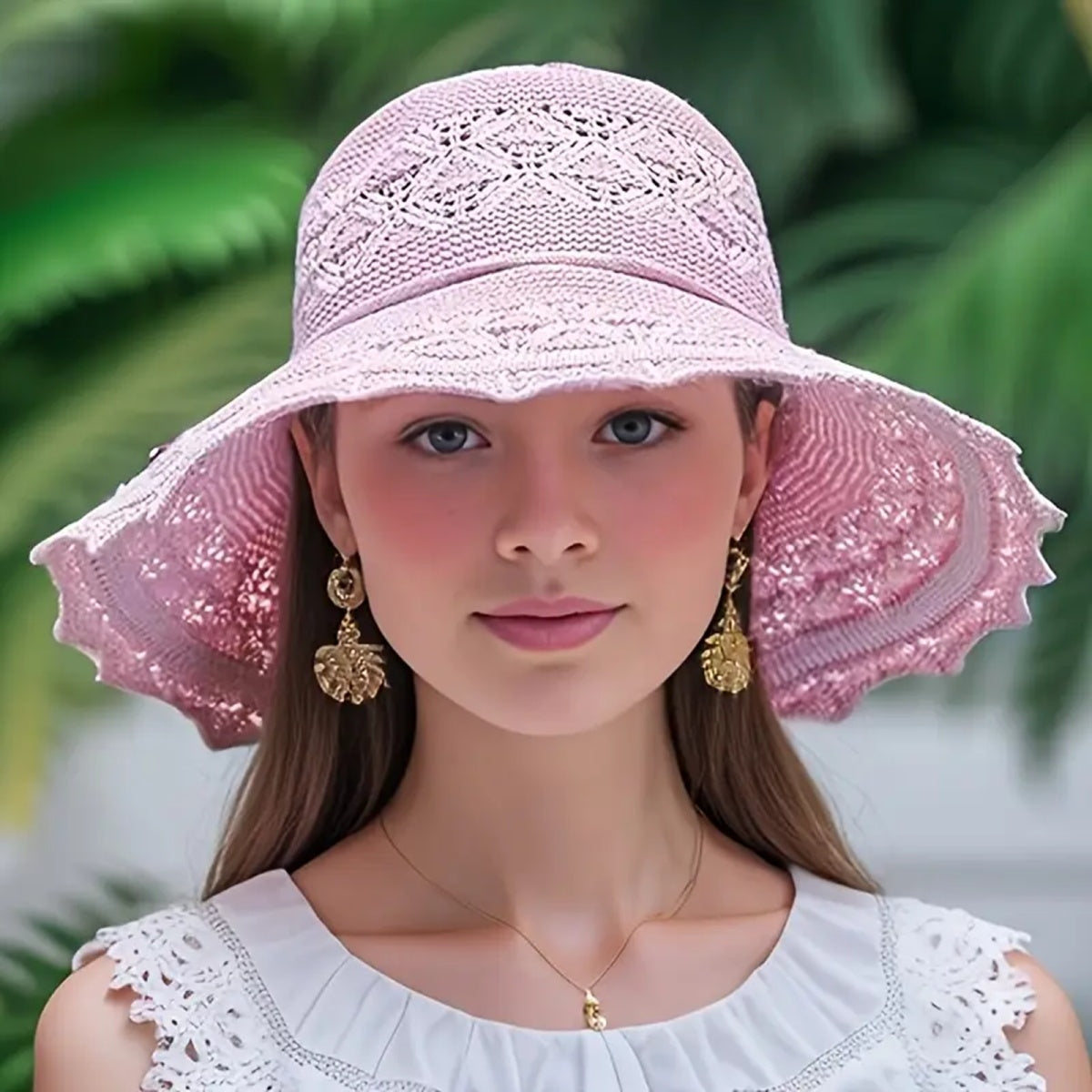 MONYPLAY Women's Summer Crochet Straw-Style Acrylic Sun Hat - Wide Brim Lightweight Floppy Beach Hat with Floral Embellishments, Machine Washable for Outdoor, Garden & Picnic