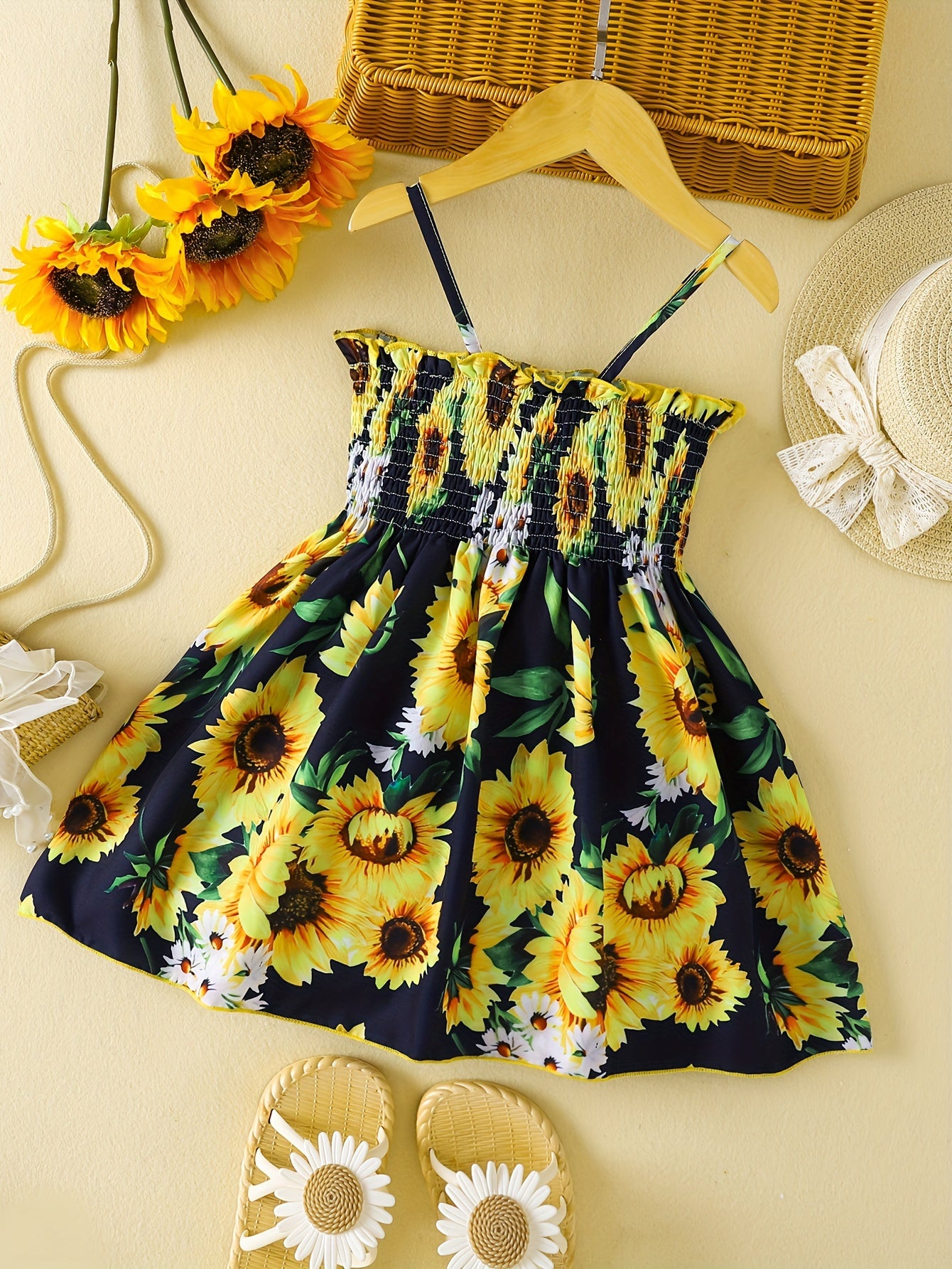 [Sunflower | Girls] Gradient Color Sunflower Princess Dress | Toddler Girls Shirred Cami Frill Trim | For Party Beach Vacation Kids Summer Clothes 4th Of July Outfit