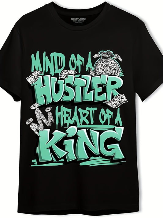 Generic Hustler Heart King Unisex T-Shirt - 220g Pure Cotton Retro Streetwear Tee with Graffiti Money Motif, Matching AJ 3s Green Glow Design, Regular Fit Round Neck Short Sleeve for Men & Women (Black/White), Everyday Outfit