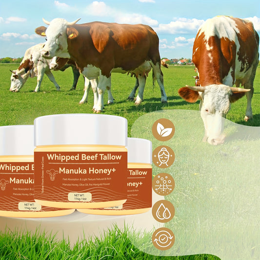 Beef Tallow & Manuka Honey Moisturizing Cream with Beeswax, Olive Oil, Tea Tree Oil & Hyaluronic Acid - Ultra-Moisturizing Light Beige Balm for Hands, Feet, Body & Lips - All Light Beige Types, Fragrance-Free, 1.76oz, Hand Cr