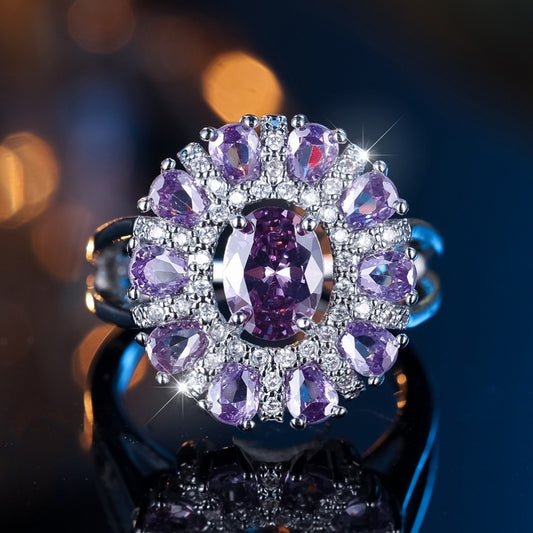 A Ring Featuring a Teardrop-Shaped Floral Design with a Silvery Oval-Cut Purple Faux, Perfect for Weddings, Engagements, Or Valentine'S Day Gifts., For Teenager