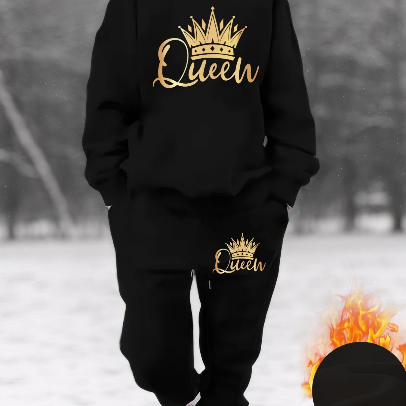 Plus Size, Autumn/Winter Plus Size Women's -Lined Sweatshirt Set with Queen Crown Print, Round Neck Long Sleeve Sweatshirt and Drawstring Pocket Pants, Casual Streetwear Winter Women's Sweatshirt Two-Piece Set