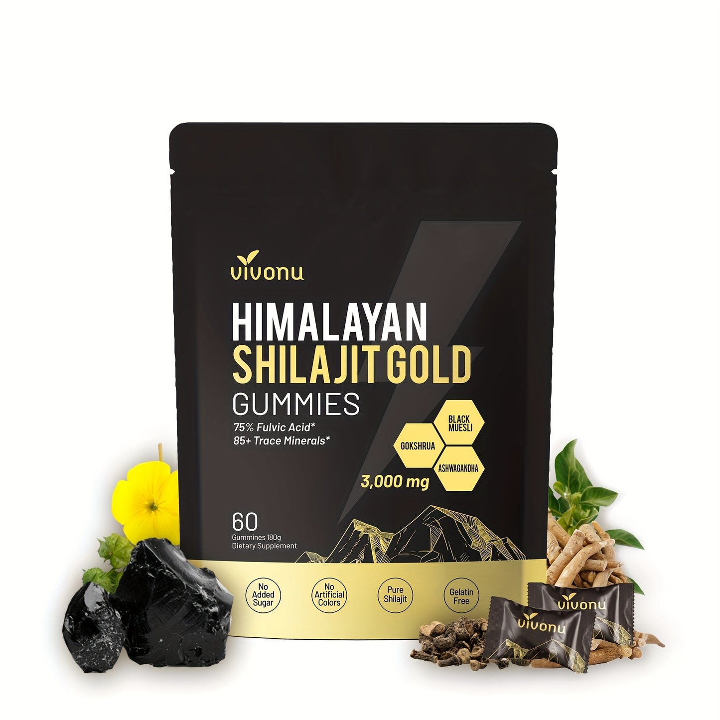 Himalayan Shilajit Gummies | With Ashwagandha, Gokshura & Other Herbs | No Added Sugar | 60 Gummies