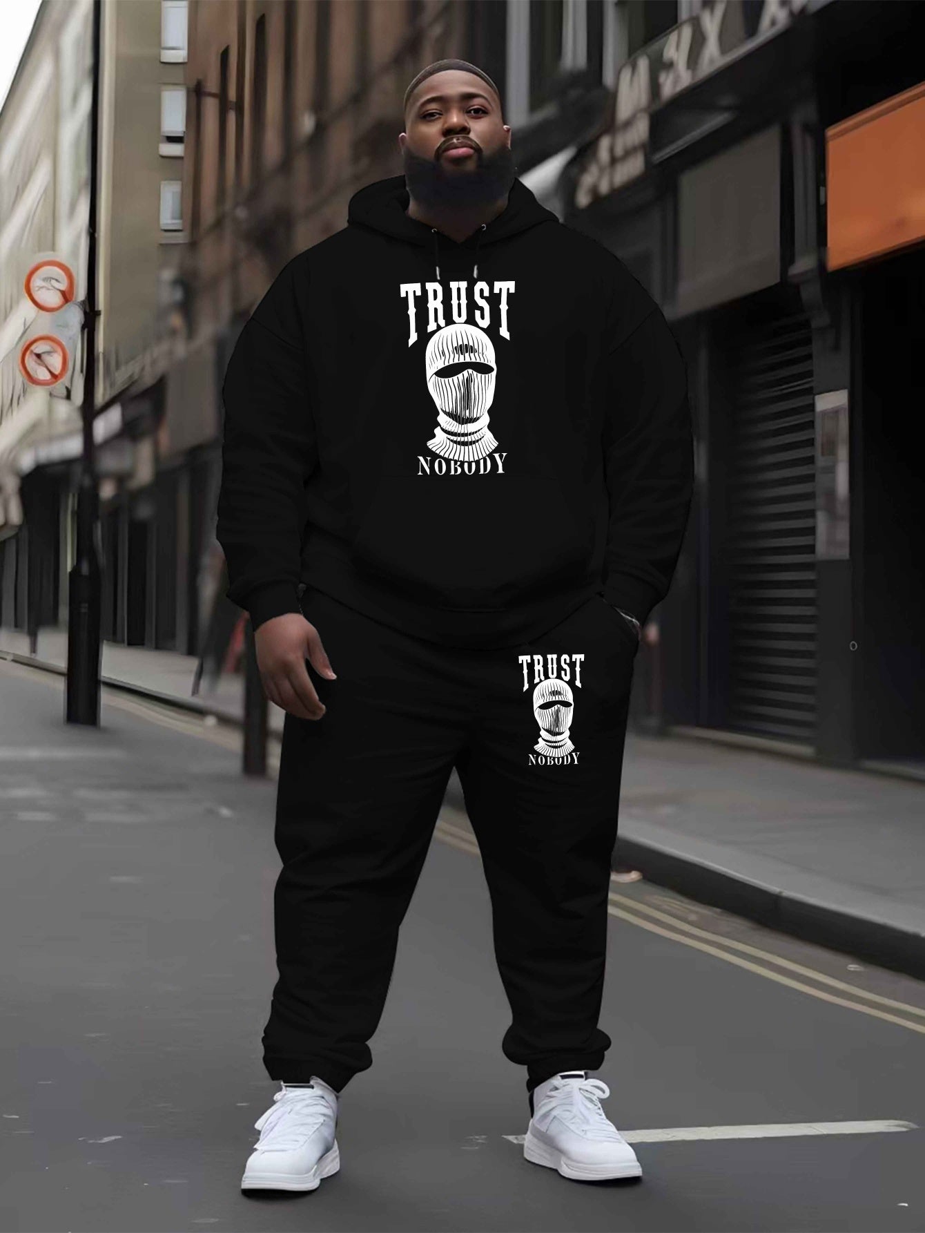 Trust Nobody Men's Large Size Autumn and Winter Hooded Sweatshirt Set New Men's Trendy Printed Drawstring Hoodie Casual Sports Top Set, PLUS SIZE
