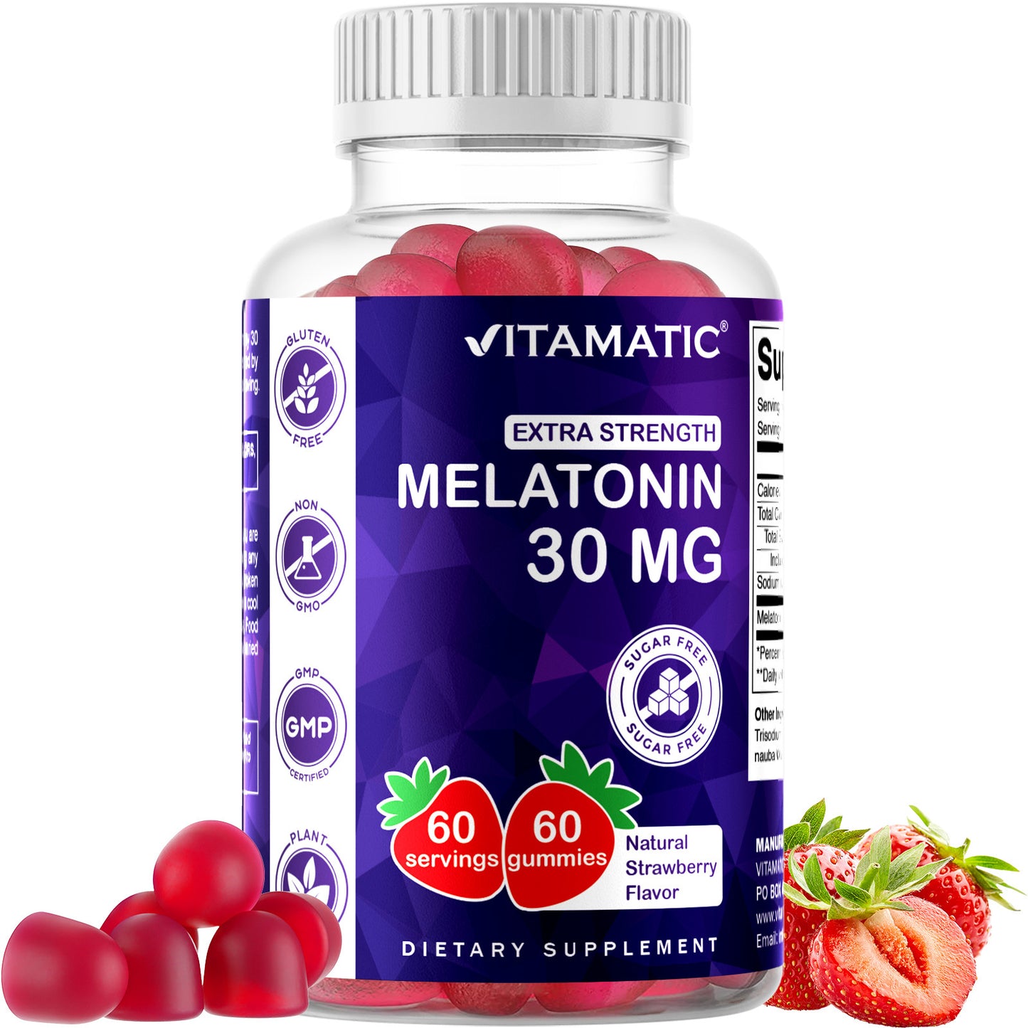Vitamatic Sugar Free Melatonin 30mg per Gummy - 60 Servings - 60 Vegetarian Gummies - Non-Habit Forming Supplement 60 Count
