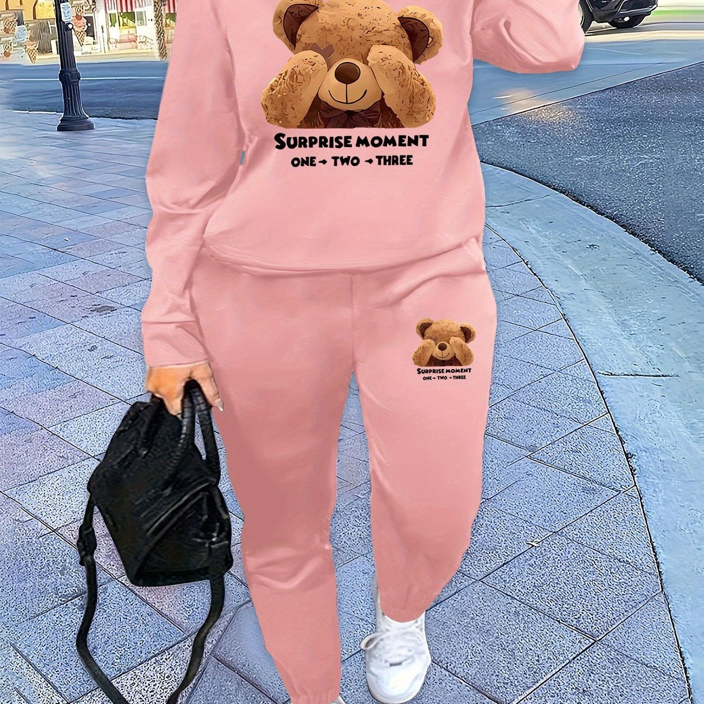 Bear Print Two Piece Set, Crew Neck Sweatshirt & Pants, Women's Clothing