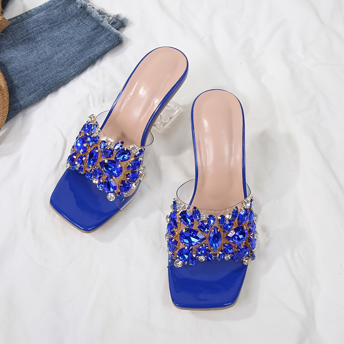 New Women'S High-Heeled Sandals with Transparent Crystal Heels And Rhinestone Embellishments, Perfect for Upscale Parties And Weddings.