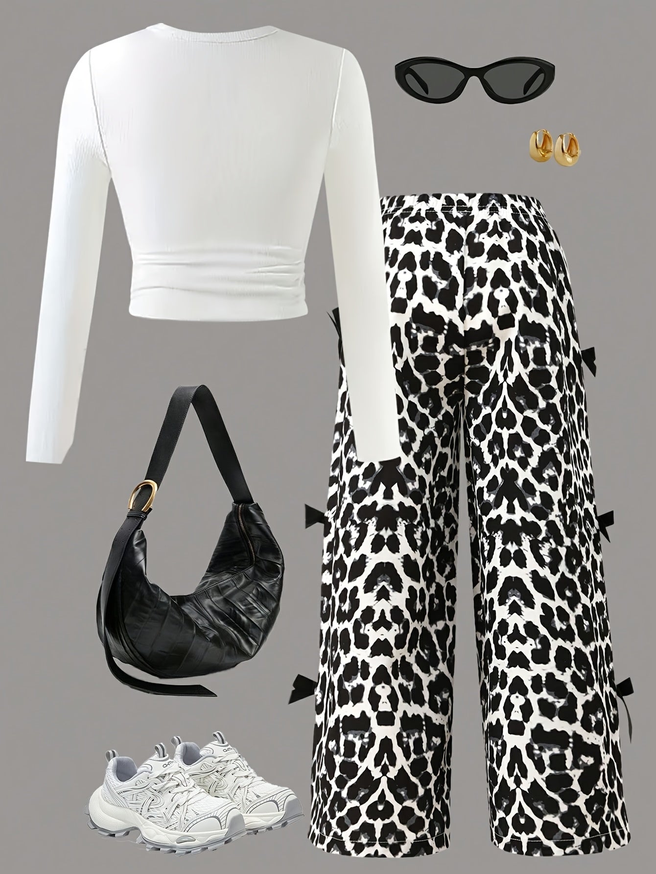 Girl's Outfit Set Stylish 2 piece Girls' Outfit Set - White & Black/White/Gray/Beige/Brown/Blue/Green/Red/Leopard Print - Long Sleeve Tunic Top & High-Waisted Wide-Leg Pants with Belt, Fitted & Flared Design, Round Neck, Mac