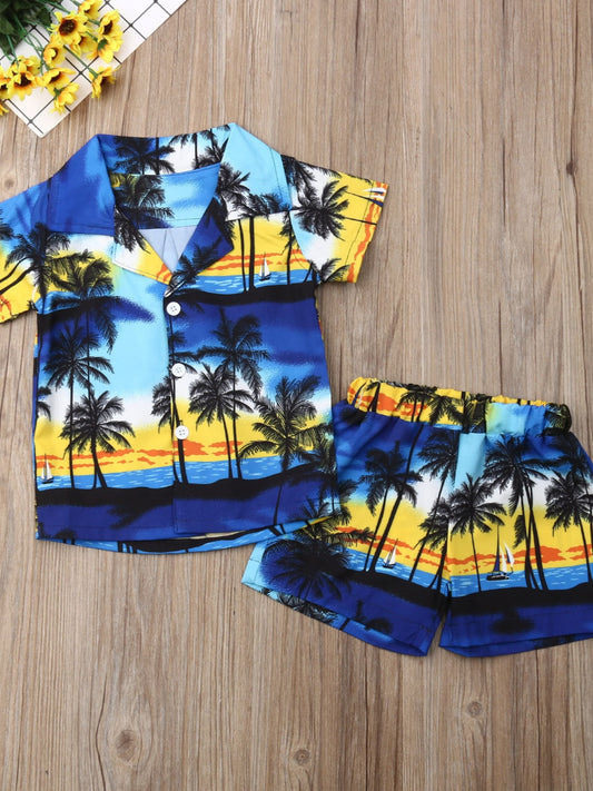 Toddler Baby Boys 2pcs SummerOutfits Tree Print Button Shirt Short Sleeve Tops + Elastic Waist Short Pants Set Vocation Holiday Beach Clothes, for Outdoor
