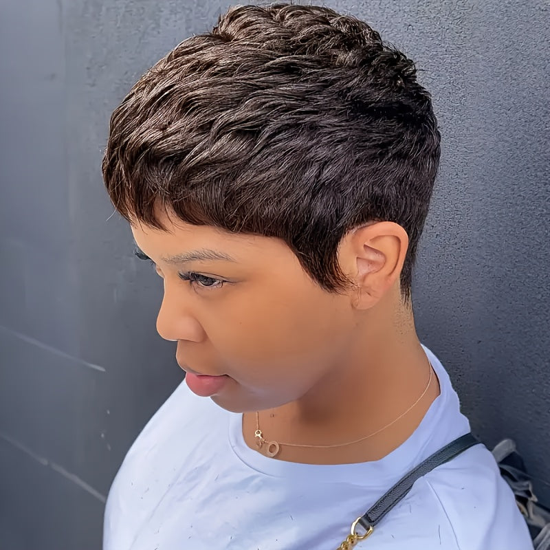 Women's Brazilian Human Hair Pixie Cut Wig - Honey Blonde (Light Brown to Blonde Highlights), Natural Look & Feel, High Volume & Density 150% Straight Hair with Bangs, Rose Net Cap for Secure Fit - Light Brown to Blonde Highl