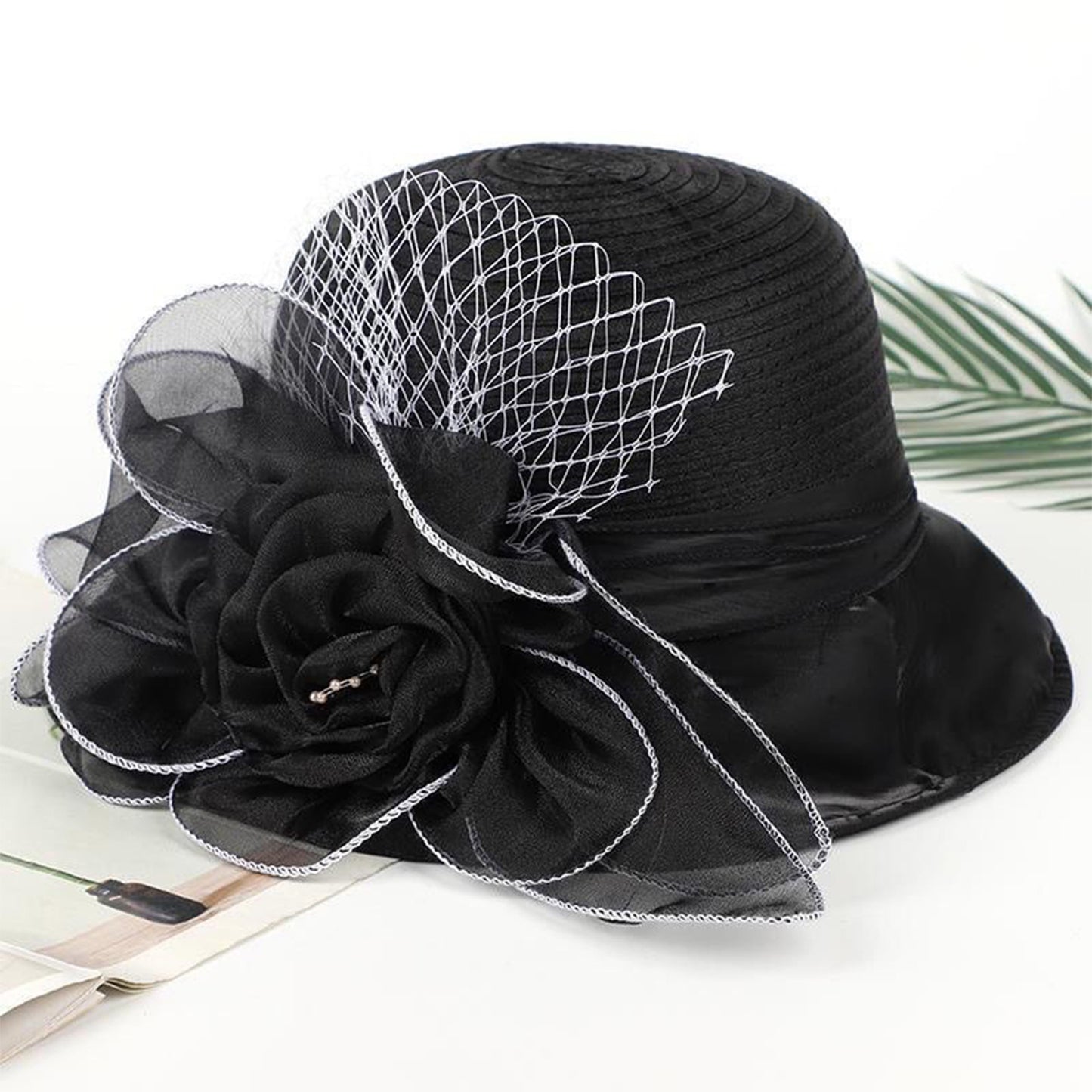 Women's Breathable Organza Sun Hat - Wide Brim Bucket Cap with 3D Floral Accents, Elegant Church & Party Hat for Outdoor Weddings, Garden Events, Machine Washable, Ladies Sun Hat, Delicate Openweave Fabric, Bridal Accessories