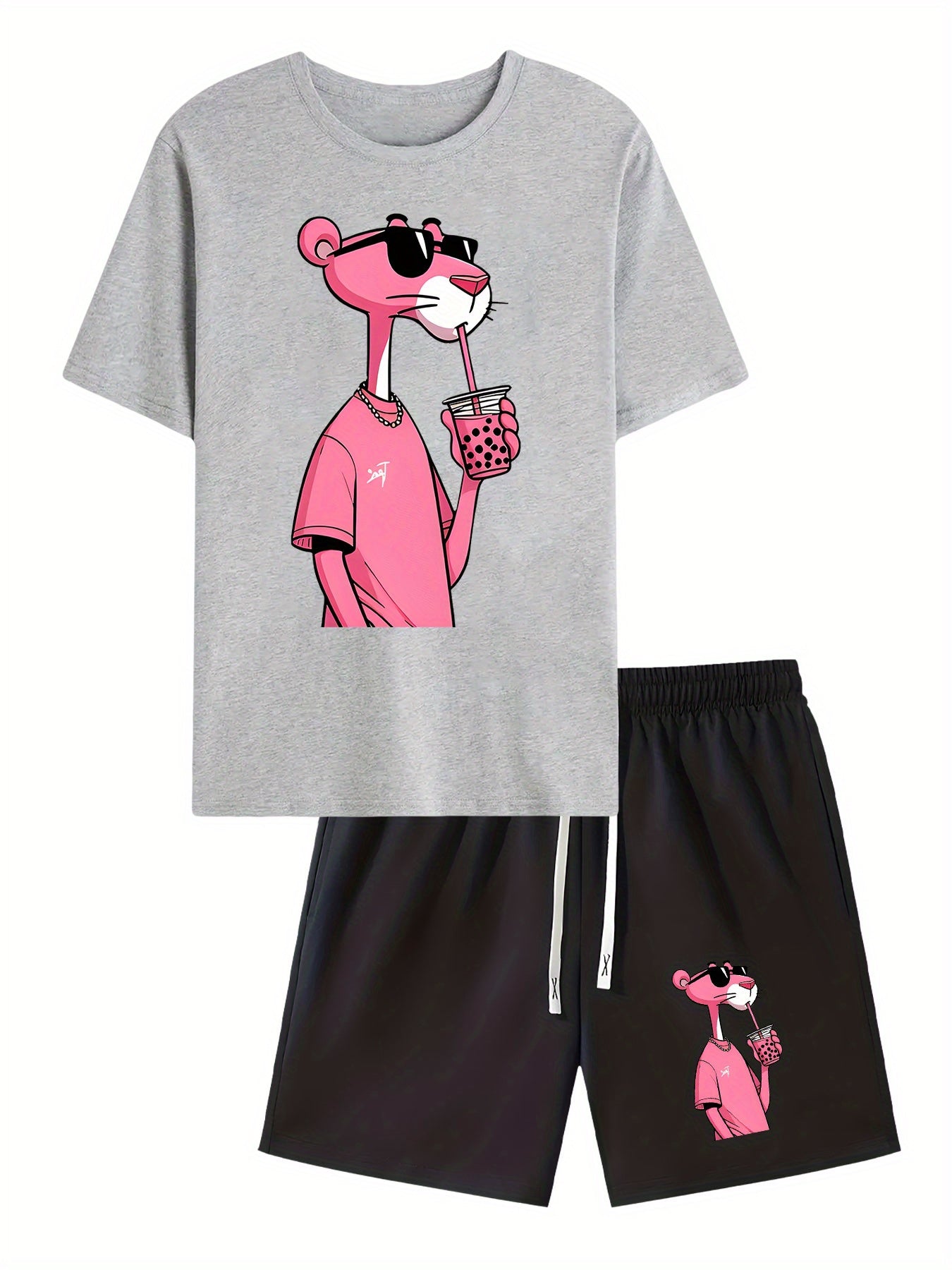 Men'S Short-Sleeved T-Shirt And Waist-Tightening Shorts Set with Trendy Pink Leopard Image Print, Casual Sports Regular Top And Pants Suit, Suitable for Spring And Summer Matching