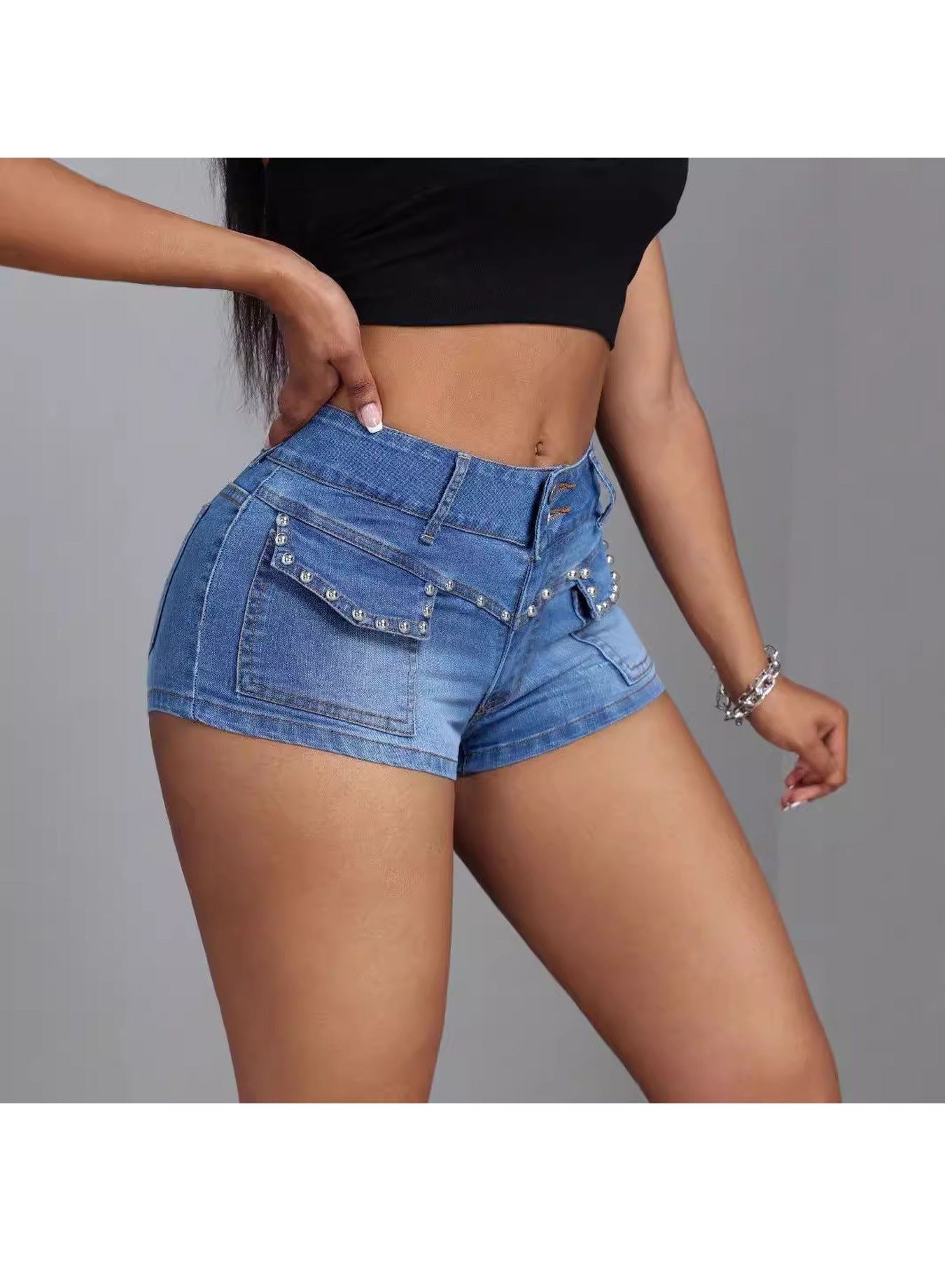 Women's Low-Rise Beaded Denim Shorts - Stretch Short Waisted Summer Shorts Suitable for Casual & Dressy Outfits - Slimmed Water-Wash Denim Shorts (Hand Washable)