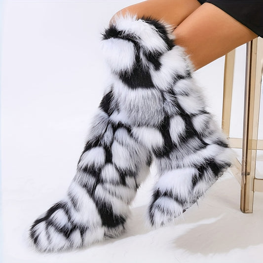 [Warm Furry Winter Boots] AMINUGAL Women's Warm Furry Winter Boots - Slip-On Mid-Calf Boots with Thick Cushioned Sole, PU Lining & Round Toe for Cold Weather Comfort | Black Casual Party Boots, Winter Footwear, Fluffy Boot De