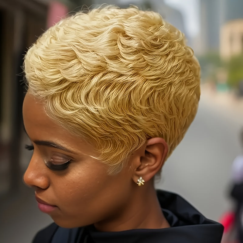 Women's Brazilian Human Hair Pixie Cut Wig - Honey Blonde (Light Brown to Blonde Highlights), Natural Look & Feel, High Volume & Density 150% Straight Hair with Bangs, Rose Net Cap for Secure Fit - Light Brown to Blonde Highl