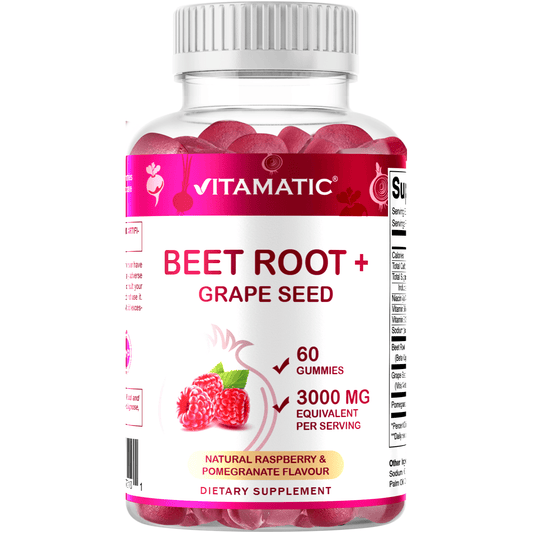 Vitamatic Beet Root Gummies - 3000 mg Equivalent Per Serving - 60 Gummies - Made with Vitamin B6, B12, Grape Seed, Pomegranate & Nicotinamide