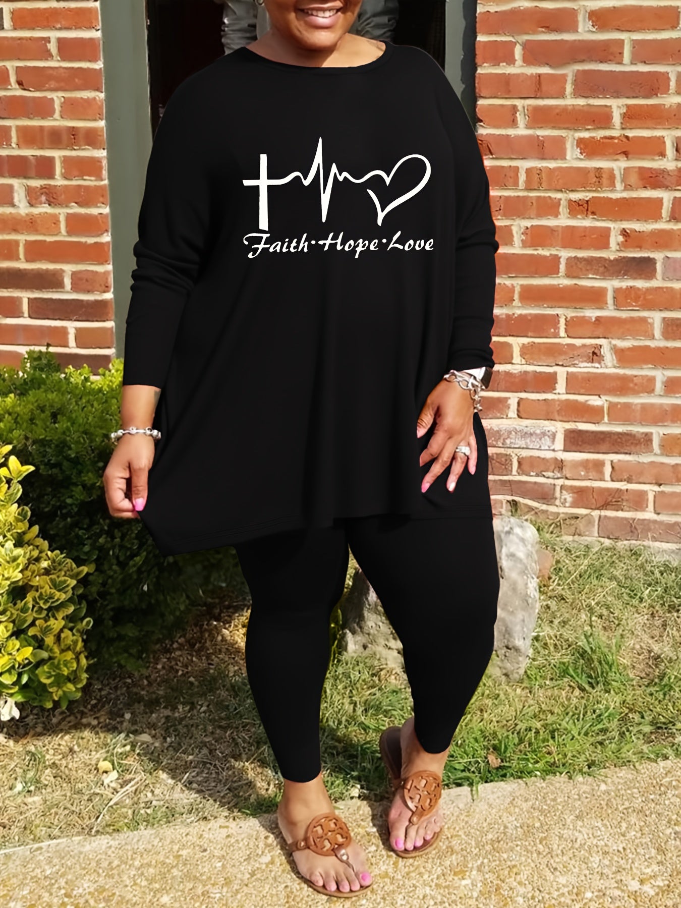 Plus Size - Plus Size - Women'S Plus Size Casual Crew Neck Long Sleeve Top & Pants Set - "Faith, Hope, Love" Letter Print with Pockets, Stretchy Polyester Blend, Black, Everyday Comfort Wear, Everyday Comfort Wear | Relaxed F