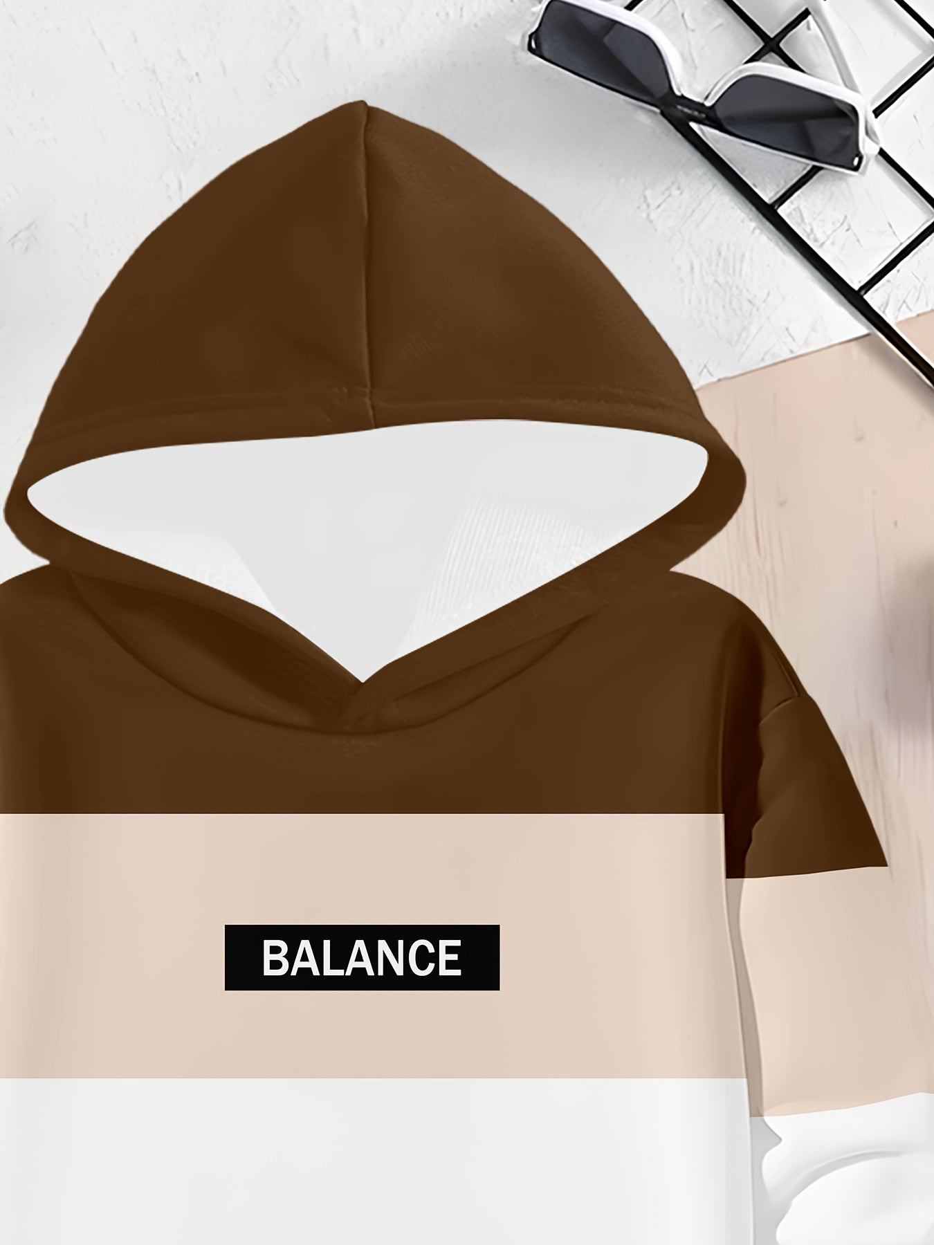 Boys' 3D Print Hoodie & Sweatpants Set - Casual Long Sleeve Pullover with "BALANCE" Graphic, Brown & White Striped Design, Elastic Waistband, Perfect for Spring/Fall Outdoor Play, Boy Hoodie, Playful Graphic Hoodie, Comfortab