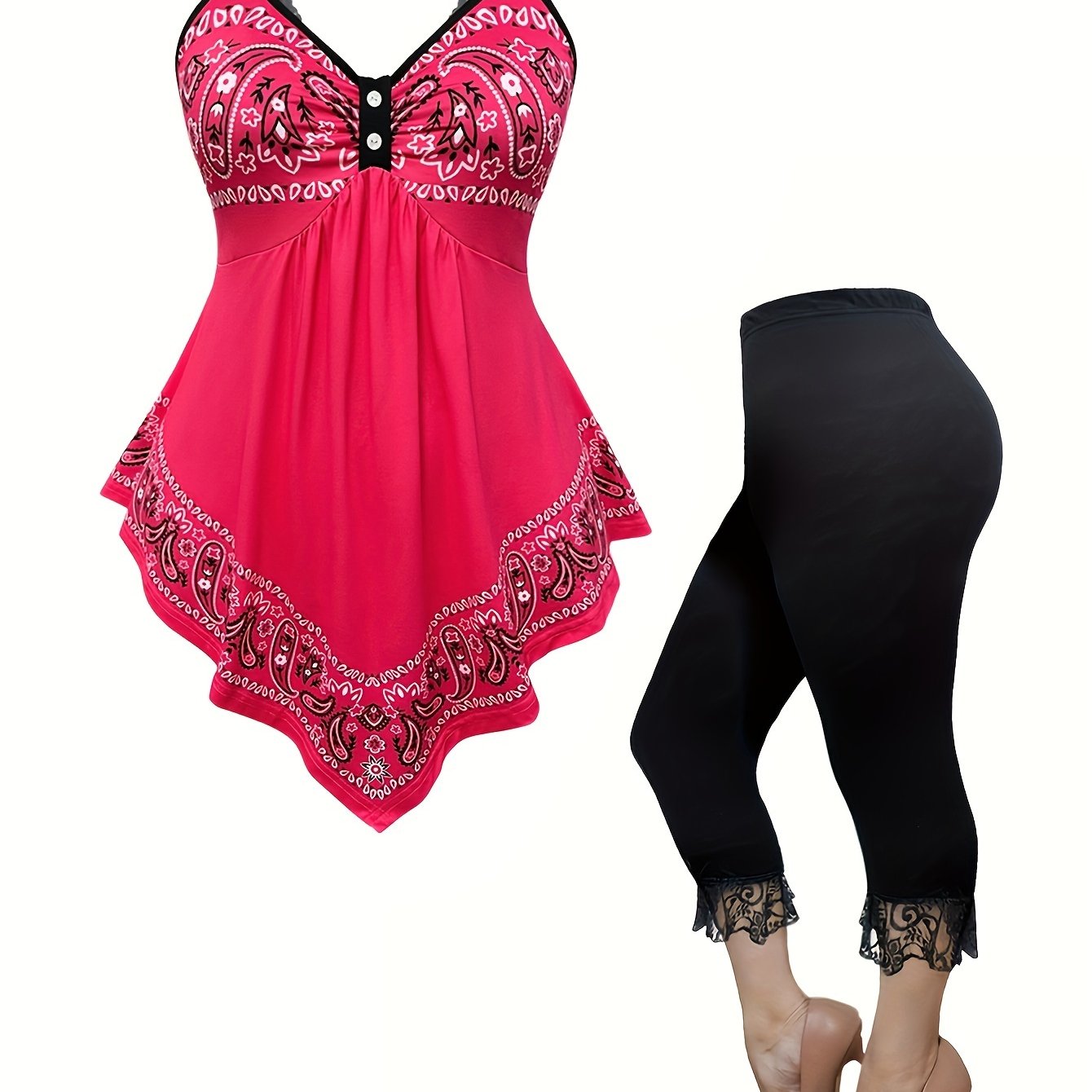 Plus Size Vacation Style Leggings Set, Paisley Print Asymmetrical Hem Lace Tank Top & Lace Stitching Capris Leggings, Women's Plus Size