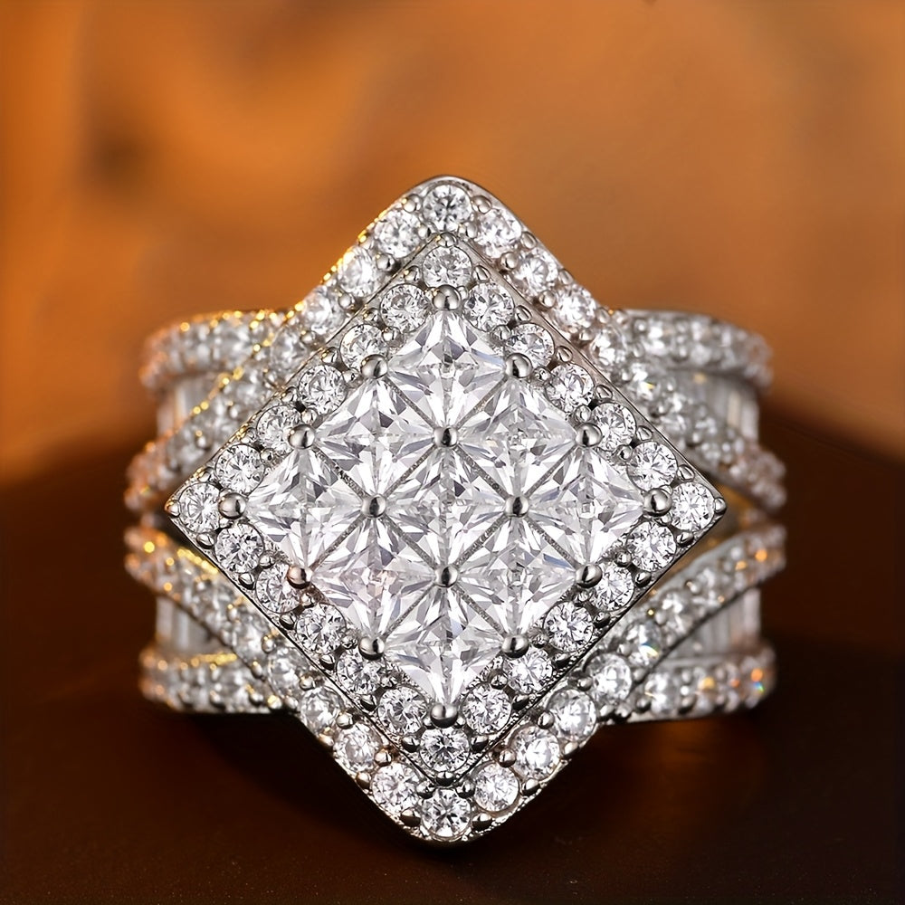 925 Sterling Silver Lady'S Wide Face Ring, Luxurious And Fashionable, Princess Square Layered Design, Fully Set With 5A Zirconia, Suitable For Daily Wear, Engagement, Parties, As A Gift For Your Girlfriend, With Gift Box