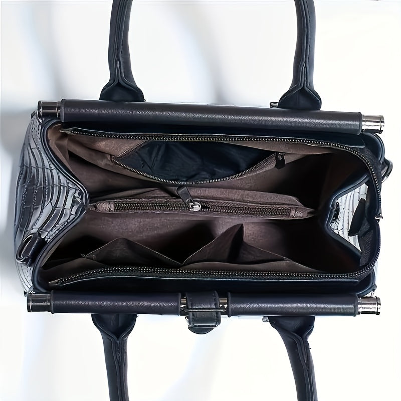 The New Women'S Bag 2025 Fashion Bright Faux Leather Crocodile Print Senior Large Capacity Single Shoulder Crossbody Handbag Two-piece Set