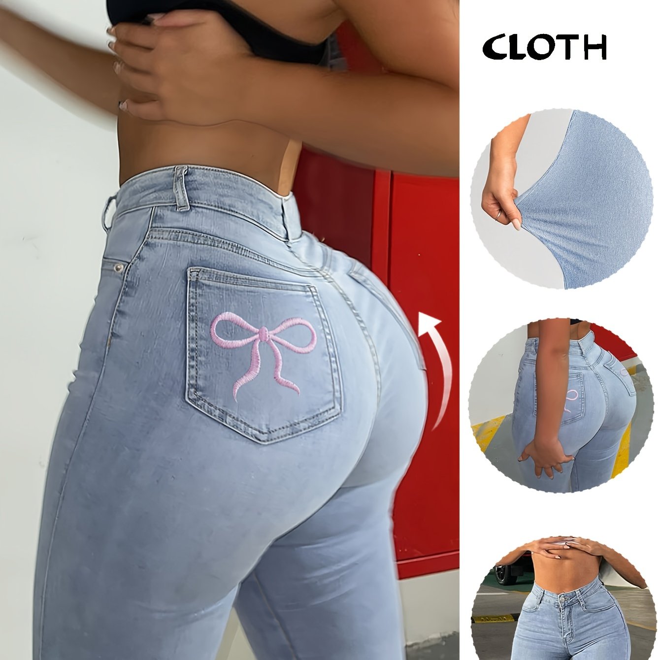 Bootcut Women Jeans High Blue Waist Elasticity Slim Fit Wash with Holes Casual Versatile
