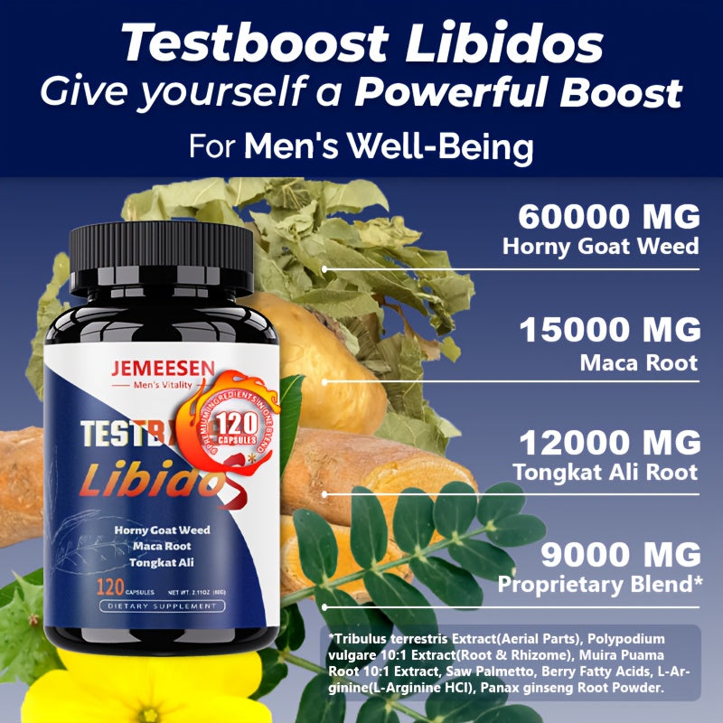 JEMEESEN Epimedium Tongkat Ali - Herbal Supplement for Men with Black Maca And Proprietary Blend - for Men's Health - Deep Into Her - Male Pleasure - 120 Capsules - 60 Day Supply