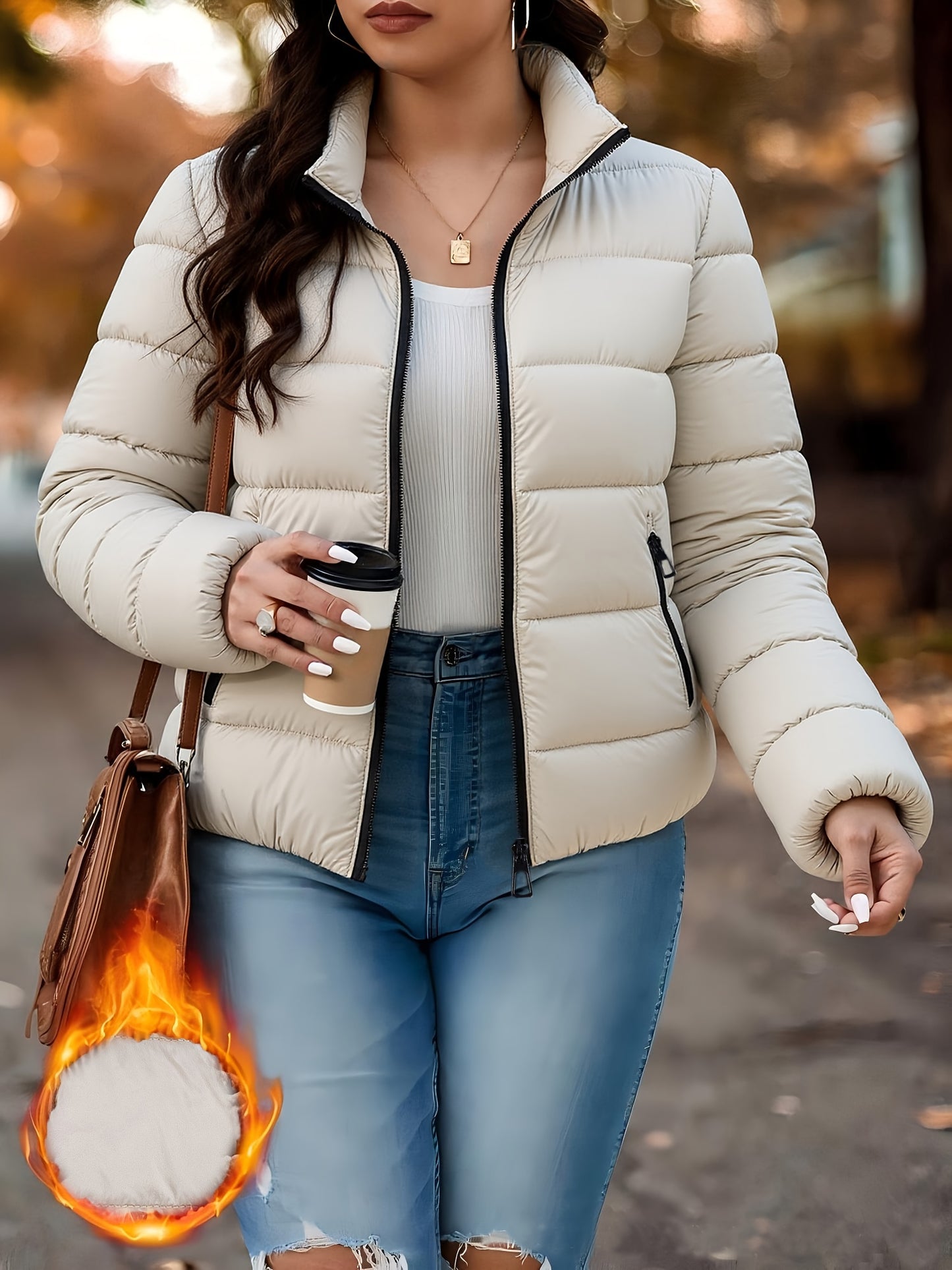 Women's Elegant Winter Warm Full-Zip Jacket with Full-Zip Front Closure, A-Line Silhouette & Stand Collar - Beige/White Coat with Full-Length Zipper, Machine Washable Outerwear for Casual & Formal Events - Cozy Winter Outer J