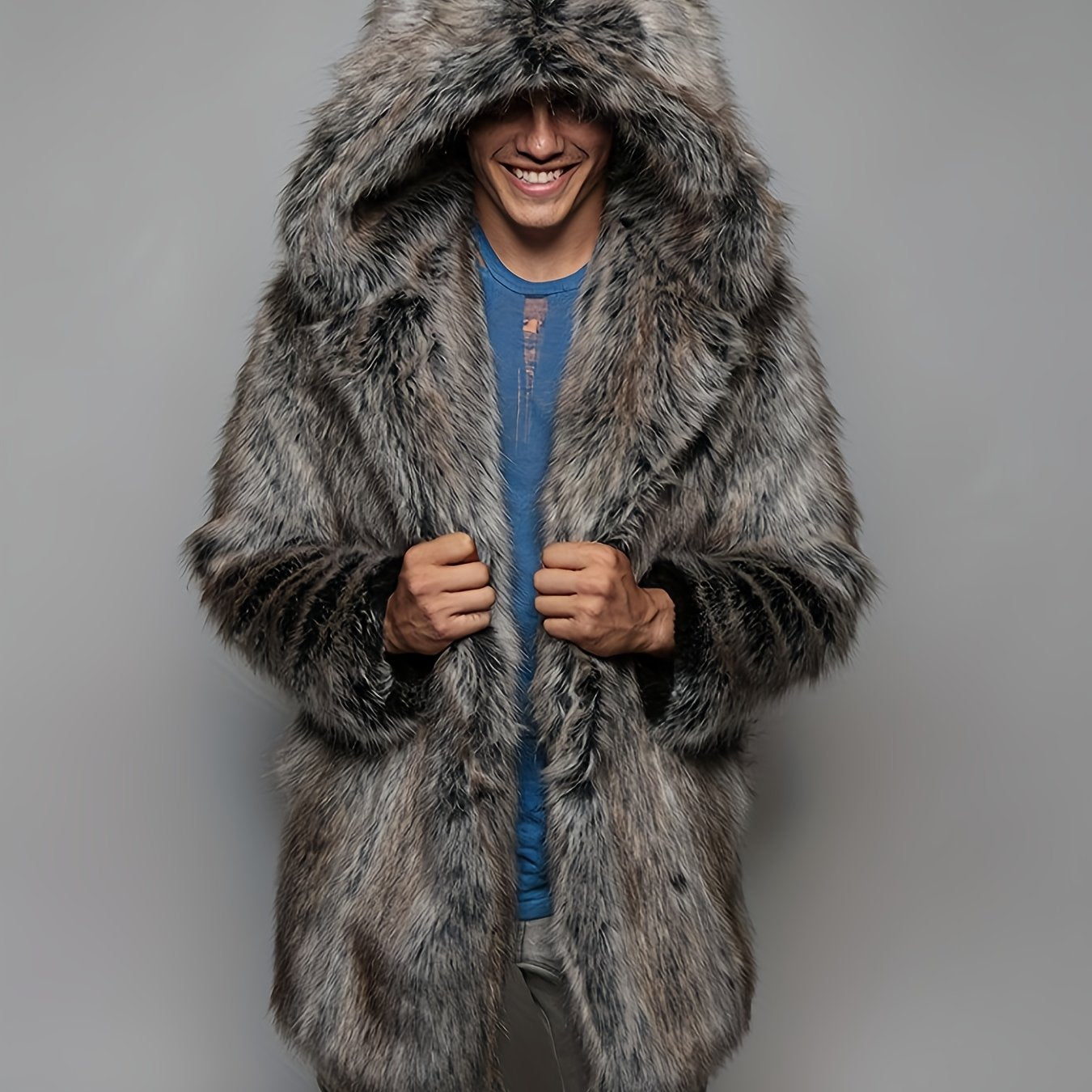 Men'S Luxury Faux Fur Coat - Mid-Length Mink-Like Jacket, Thick Windproof Winter Outerwear with Hood & Full-Zip Closure, Cozy Warm Lining, Casual Loose Fit Streetwear, Geometric Pattern, Lining, Autumn/Winter Jacket for Men (