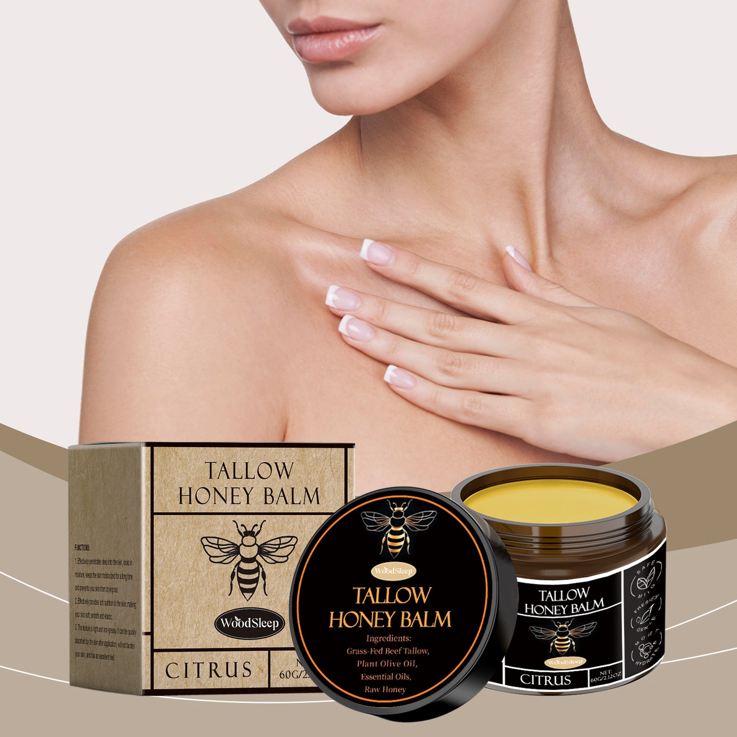 Organic Grass-Fed Beef Tallow Balm with Raw Honey, Smooth Light Beige - Handmade All-Natural Moisturize