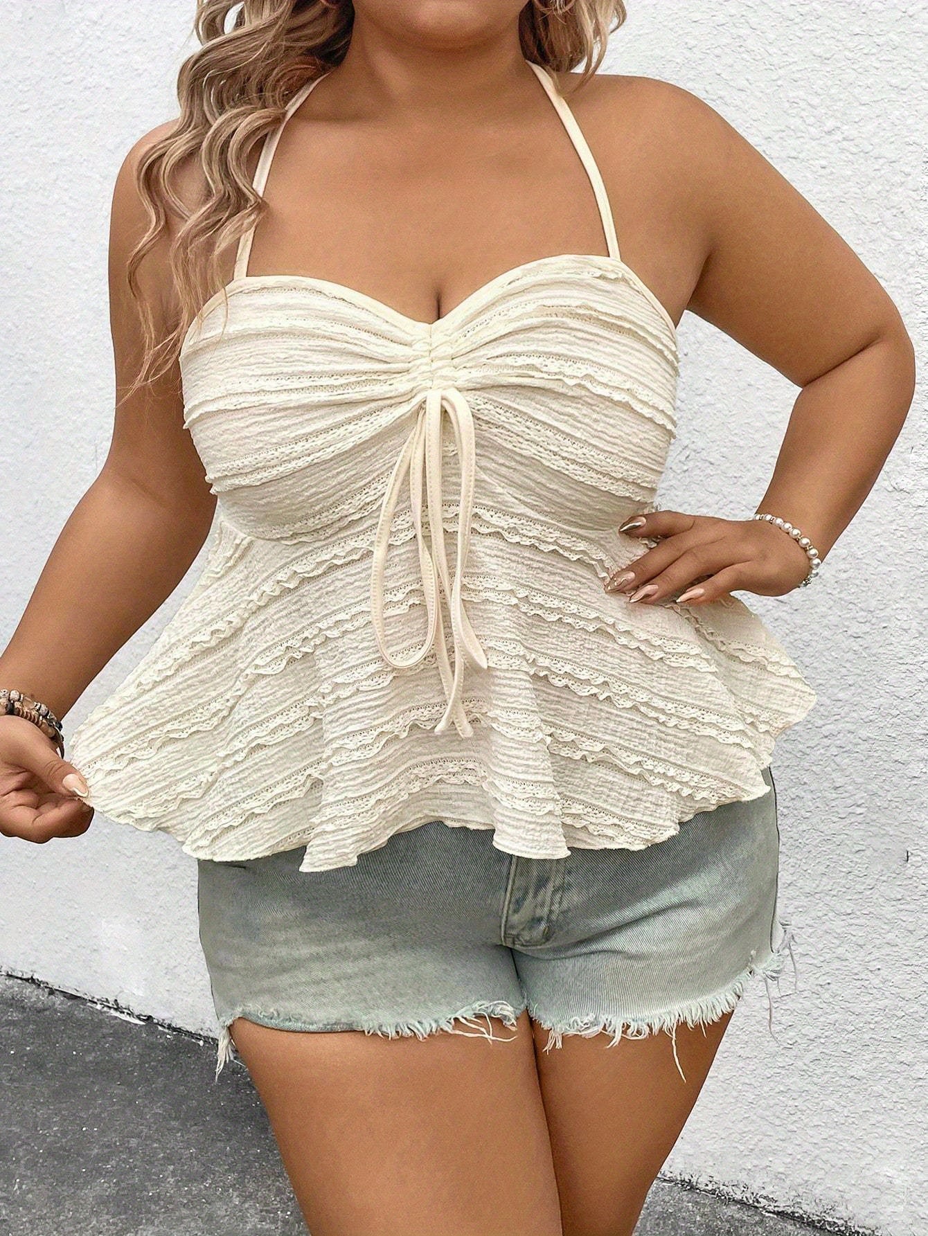 Women's Plus Size Halter Neck Top - Adjustable Front Tie-Up Detail, Lightweight Lace-Like Texture, Solid Color Elegant Summer Casual Chic Blouse, Machine Washable, Versatile Blouse, Feminine Style, Breathable Fabric, Lace Blo