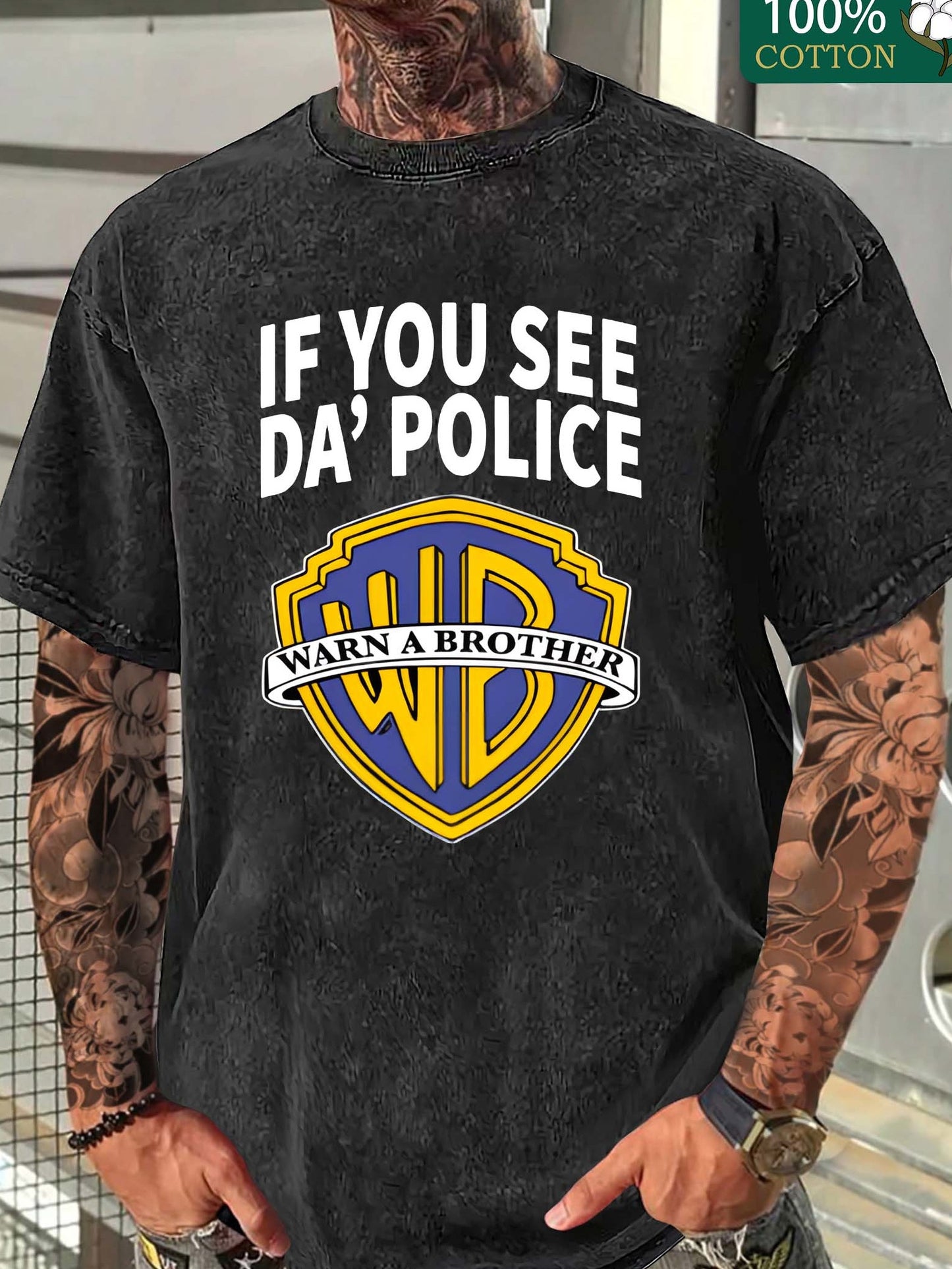 Men's "If You See Da Police" Graphic Cotton T-Shirt - Fun Pop Culture Twist, Distressed Washed Look, Casual Crew Neck Short Sleeve Tee, 230g Thick Cotton, Black with Yellow & White Logo Design, Everyday Clothing | Pop Culture